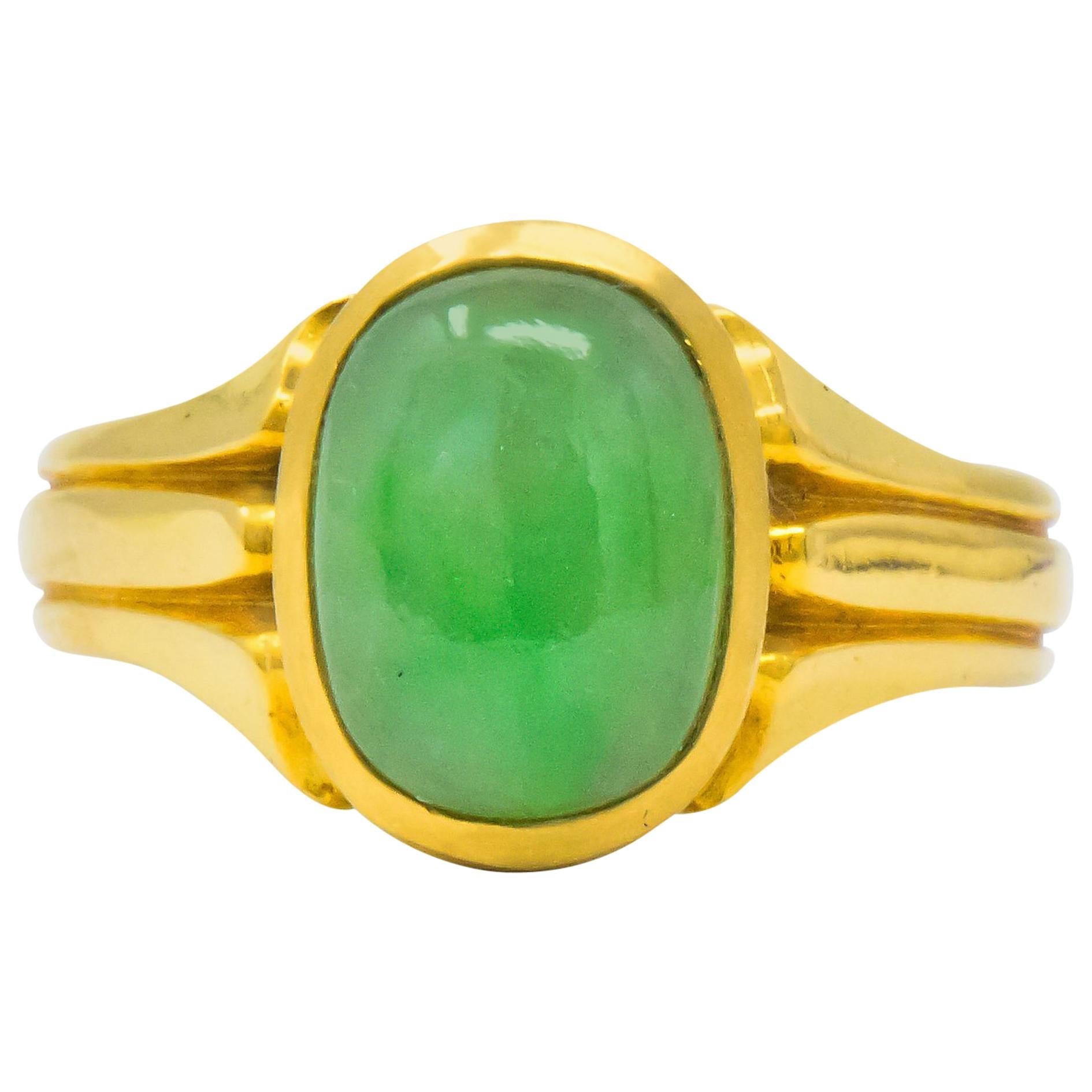 D & F Victorian Jadeite Jade 18 Karat Gold Unisex Ring GIA