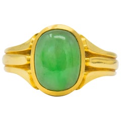 Antique D & F Victorian Jadeite Jade 18 Karat Gold Unisex Ring GIA