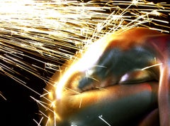 "Metallic Golden Girl with Electric Sparks" Nude Photograph 30x40 framed