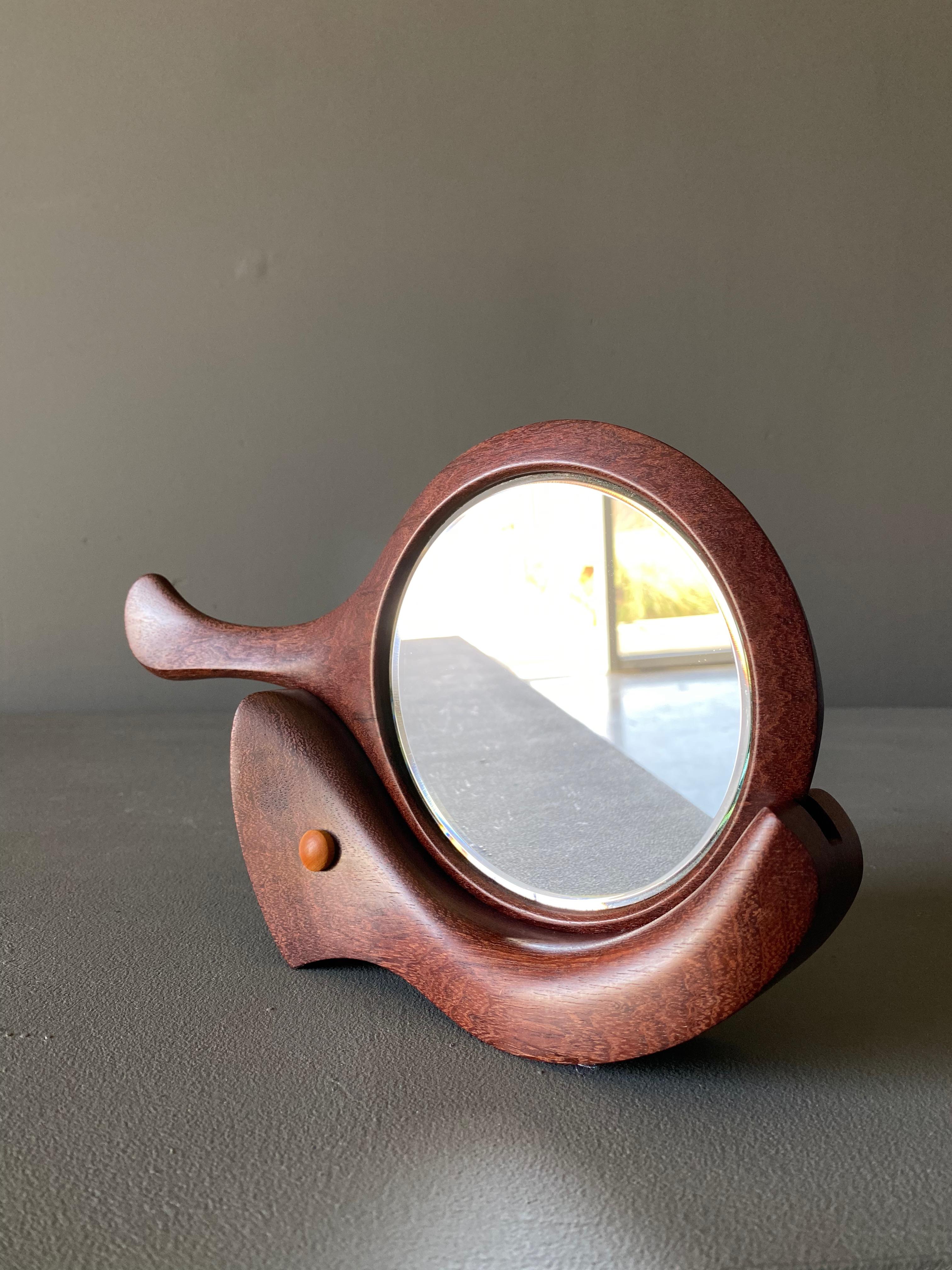 D. French Studio Crafted Hand Held Mirror w/ Stand 1996. Handcrafted Solid Wood Construction. 

