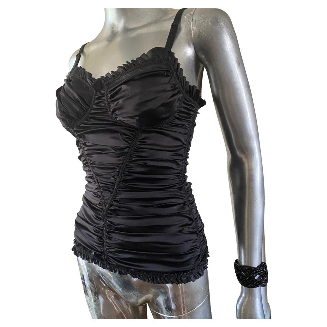 D & G Dolce Gabbana Black Ruched Silk “Lingerie Look" Bustier Blouse Size 4 For Sale