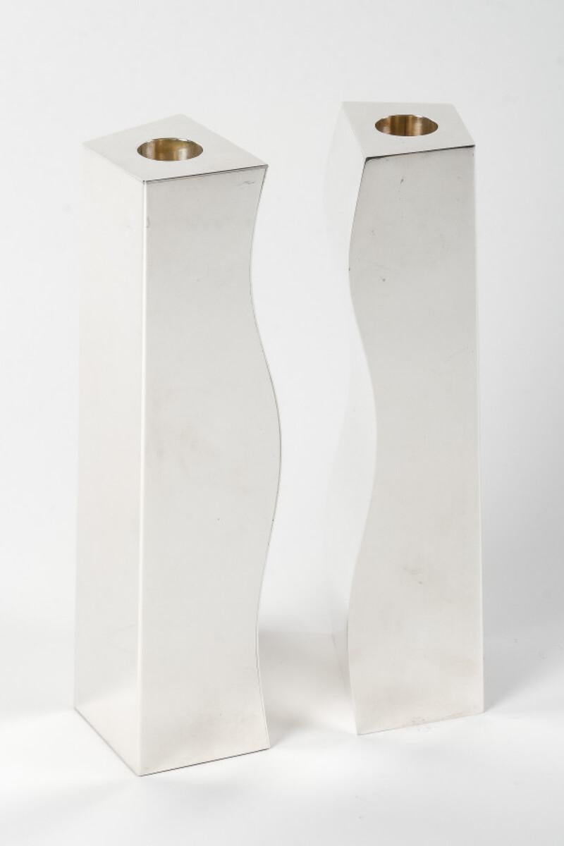 D. GARRIDO Pair of 20th century constructivism sold silver candlesticks For Sale 1