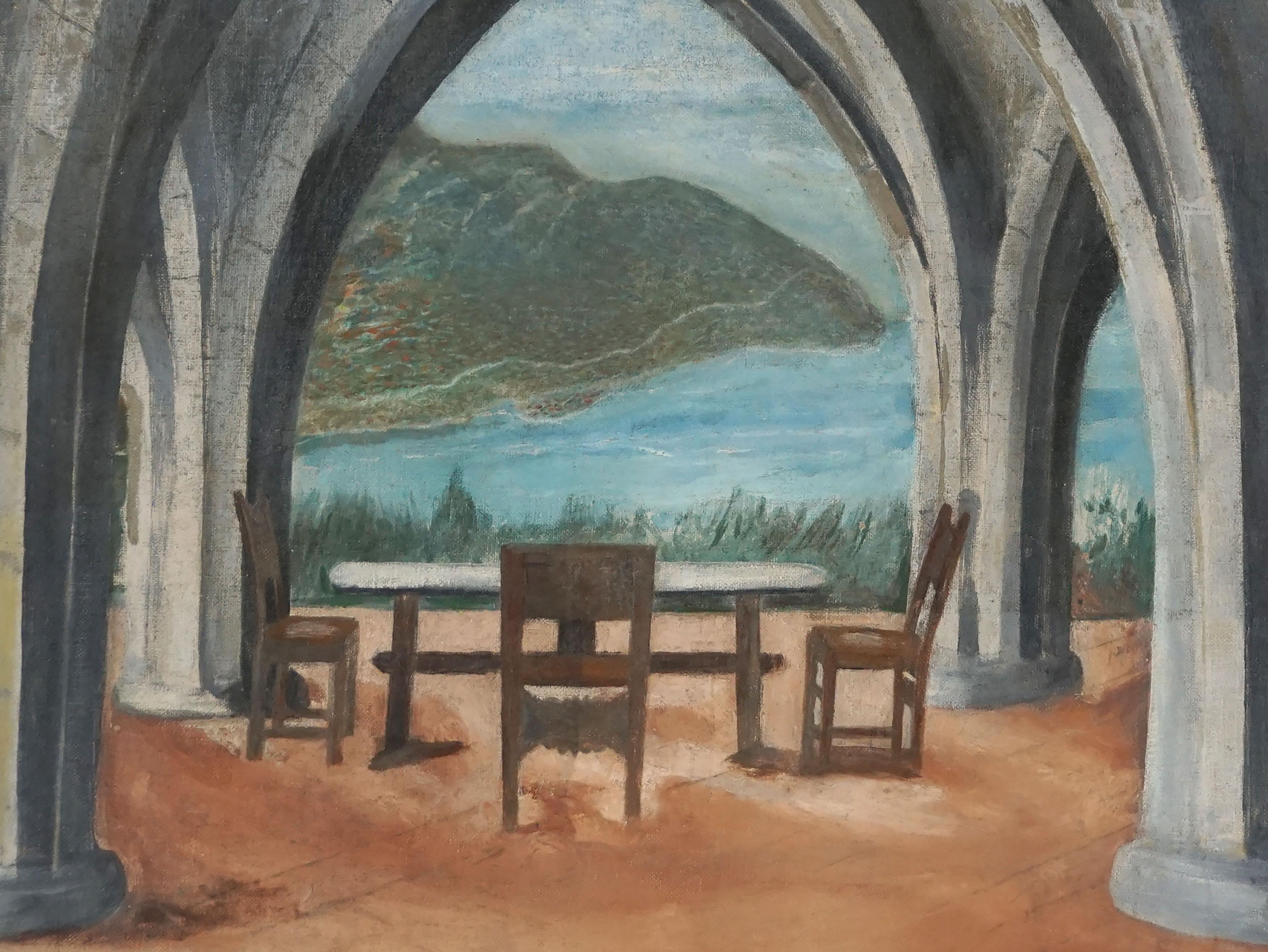 Mid Century Ravello Amalfi Coast Original Oil Painting - Villa Cimbrone La Cripta

Wonderful perspective of the Gothic Arches of Villa Cimbrone's Crypt by D. Grillo (American, 20th Century), circa 1950. Sitting high atop a promontory that offers