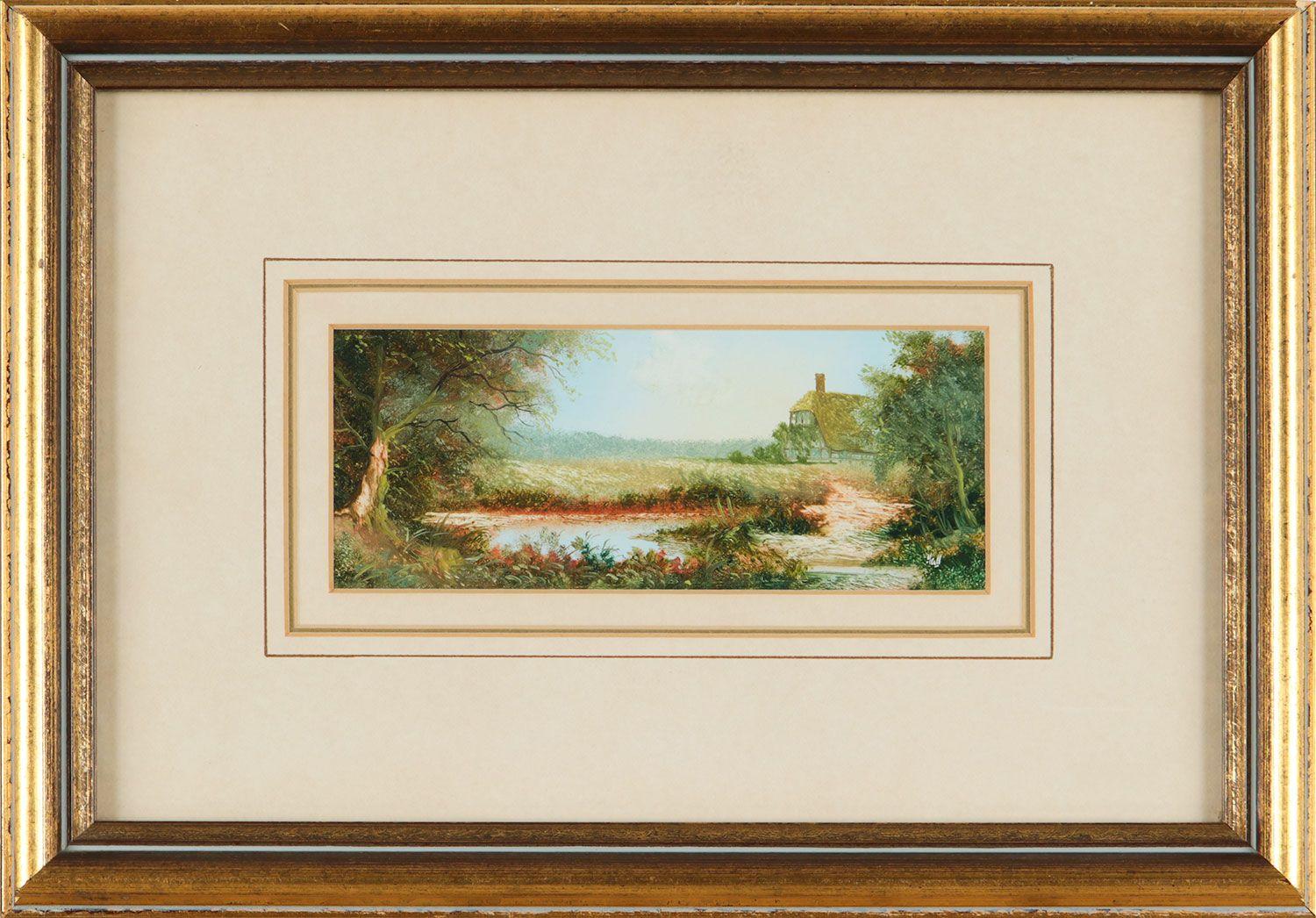 Casa colonica inglese in campagna dipinto ad olio in miniatura da un artista del XX secolo - Painting Impressionismo di D Hall