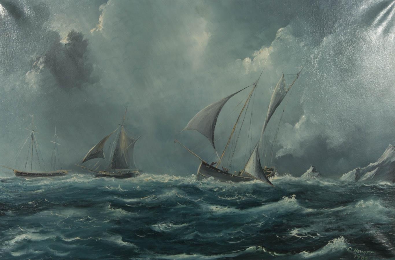 D. Hewitt - Firmado y Enmarcado 1966 Óleo, , Barco de vela en mar agitado 1