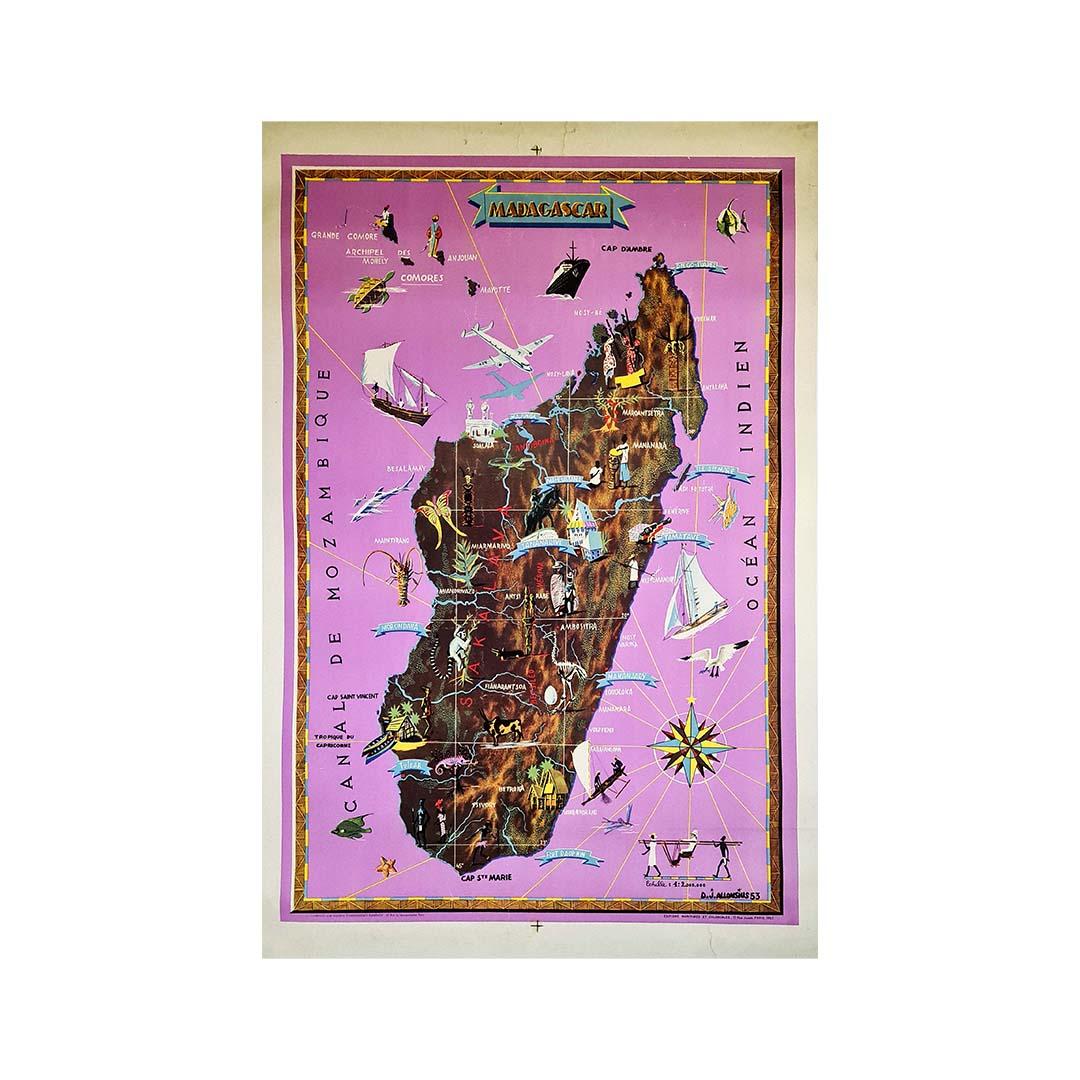 Bella mappa illustrata del Madagascar di D. A. Allonsius.

Questo poster originale è stato stampato da Dufrénoy a Parigi nel 1953.