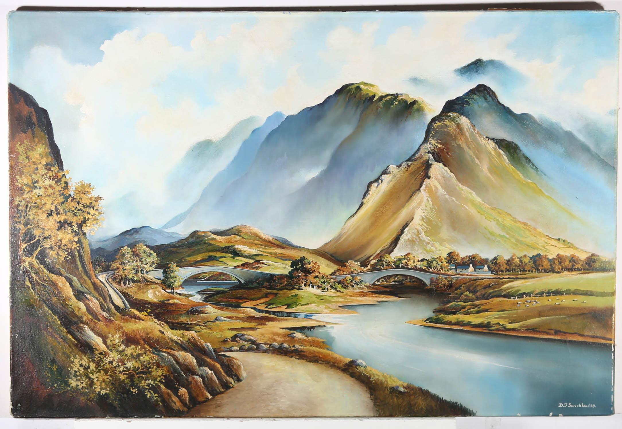 A charming depiction of a river winding through a mountainous landscape. The artist captures fields of sheep, cottages and stone bridges at the base of the tall mountains. Signed and dated to the lower right. On canvas. 
