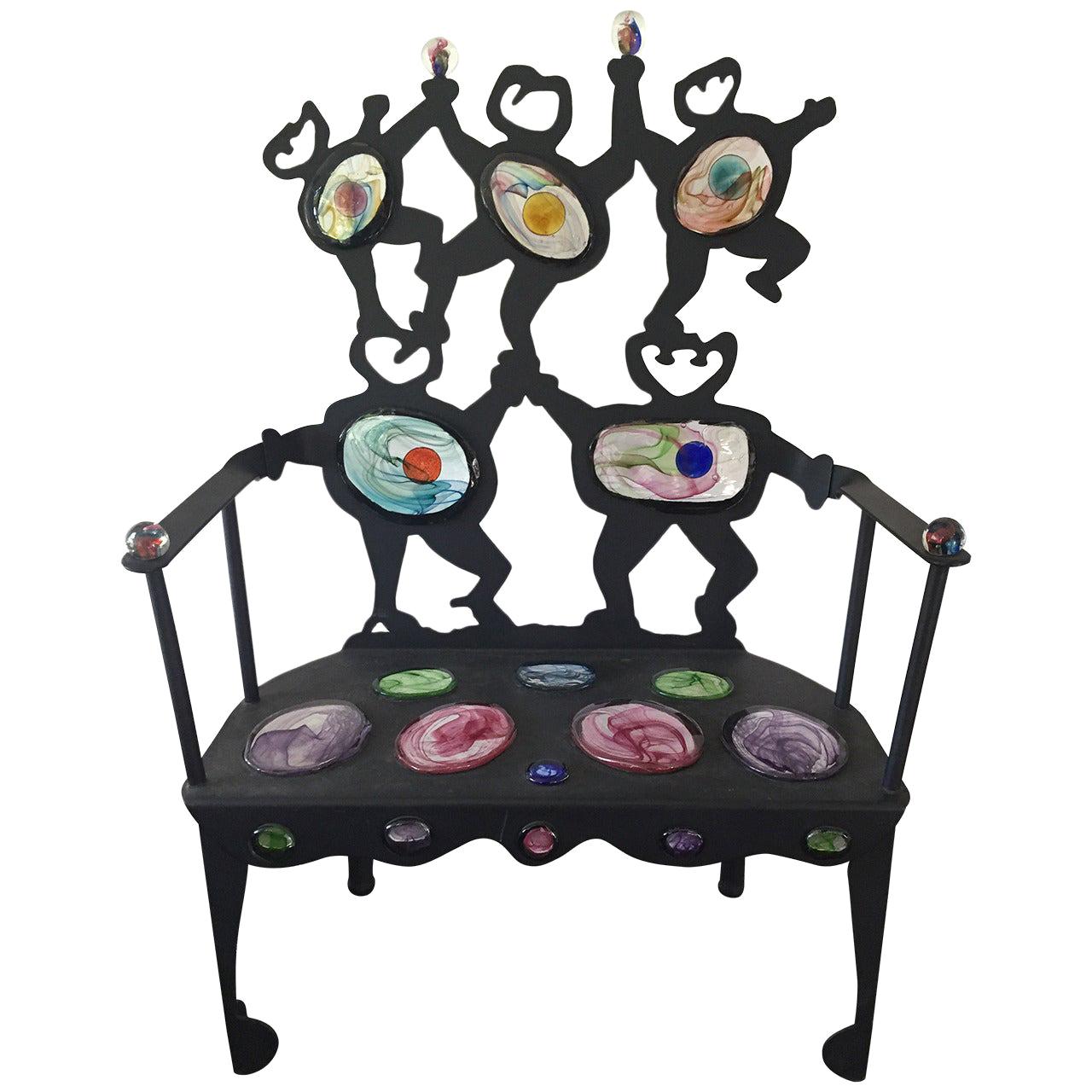 D & K Smith Modern Iron Settee with Inset Art Glass For Sale