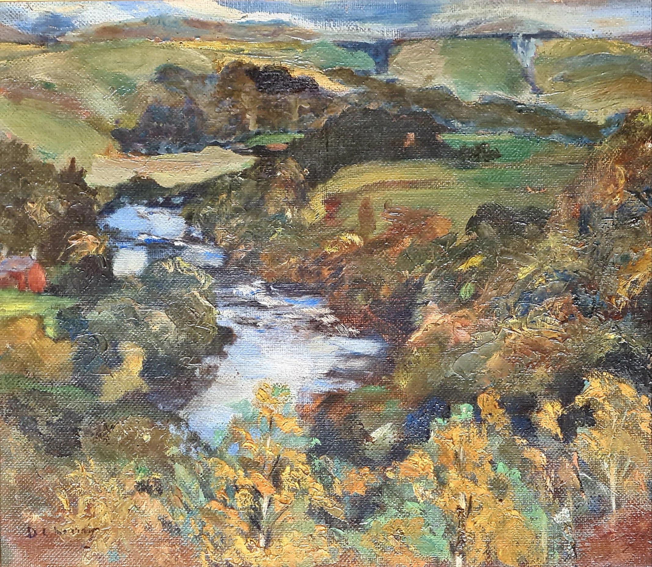 D. L. Murray Animal Painting - Impressionist Oil on Canvas, The Salmon Pool, Canonbie, Scotland