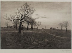 19th century landscape etching tree field black and white figure pastoral scene