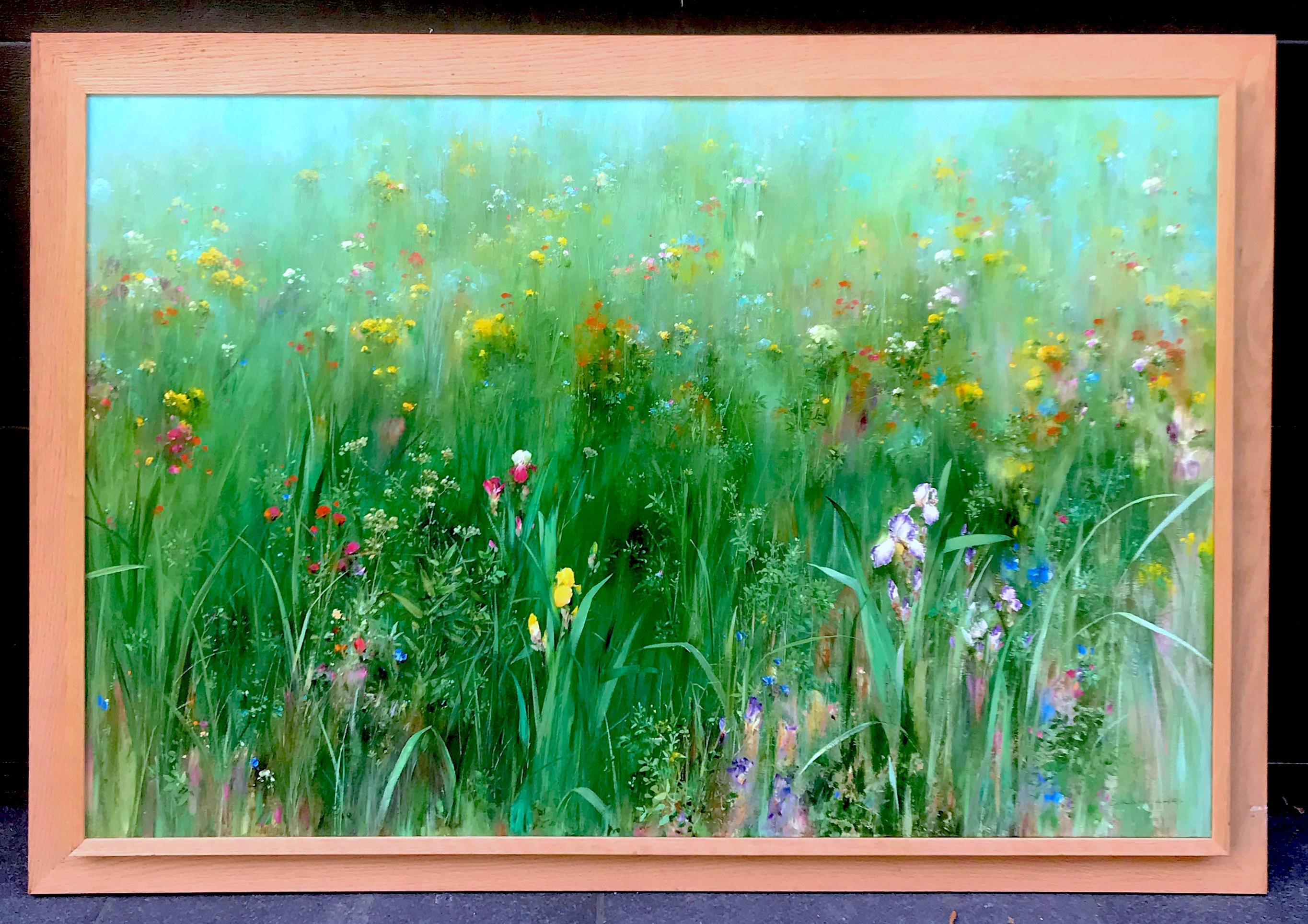 Field with Iris, Cornflower, poppies and wildflowers - Contemporary Painting by D. LEUNG 