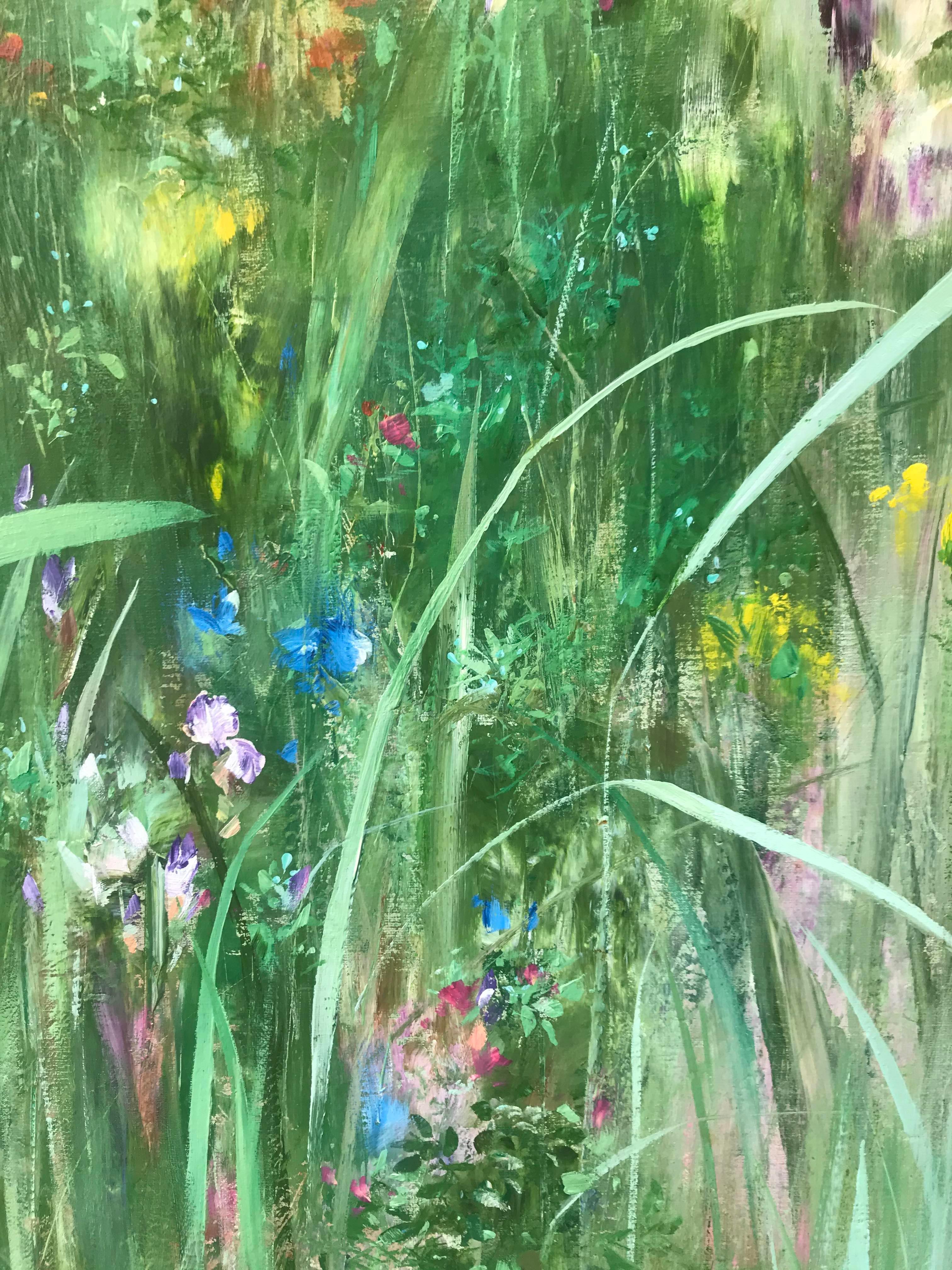 Field with Iris, Cornflower, poppies and wildflowers - Green Landscape Painting by D. LEUNG 
