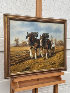Clydesdale Horses & Farmer Ploughing a Golden Autumn Field in Rural Countryside