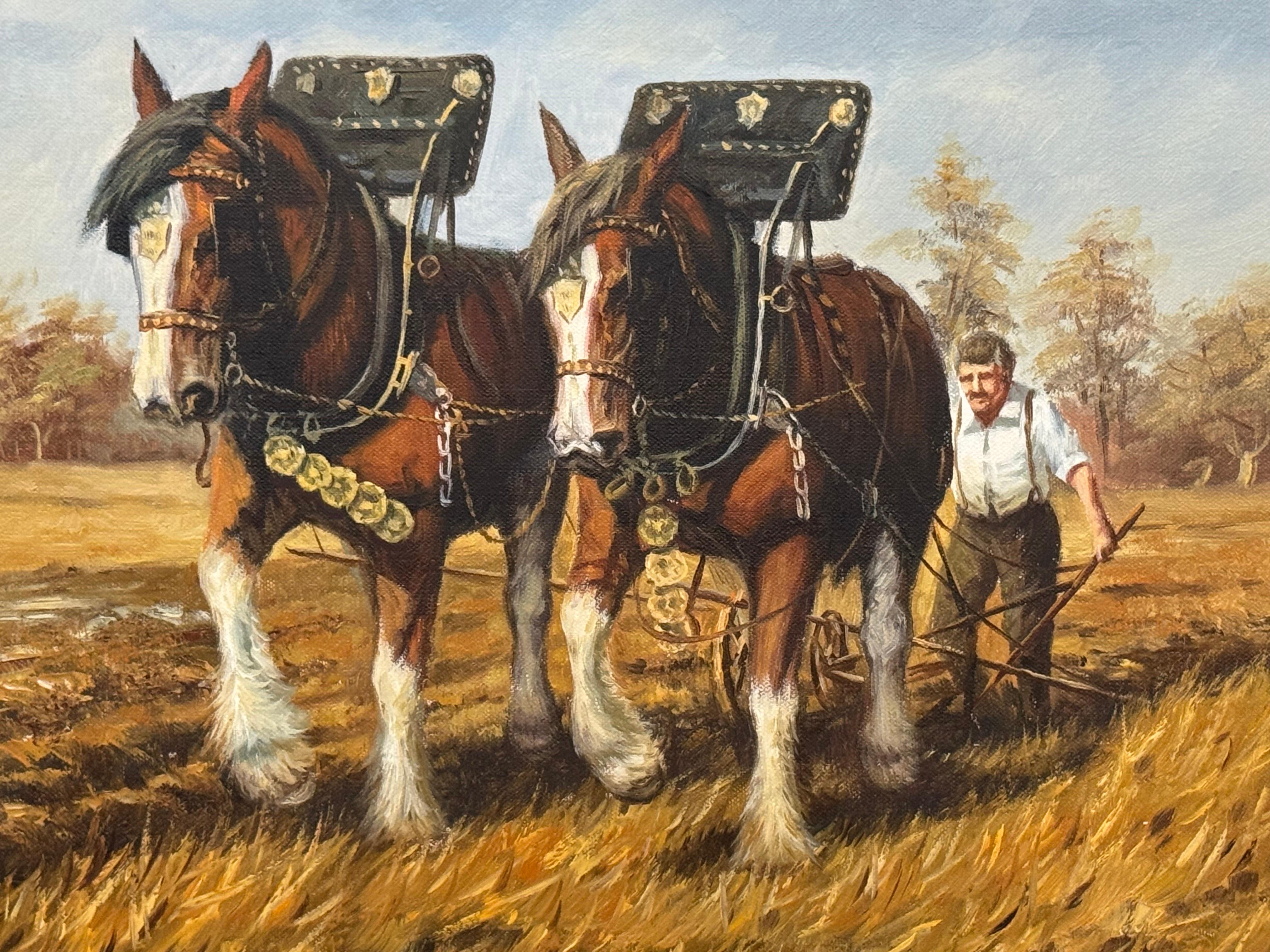 Chevaux Clydesdale et fermier labourant un champ d'automne doré dans une campagne rurale en vente 3