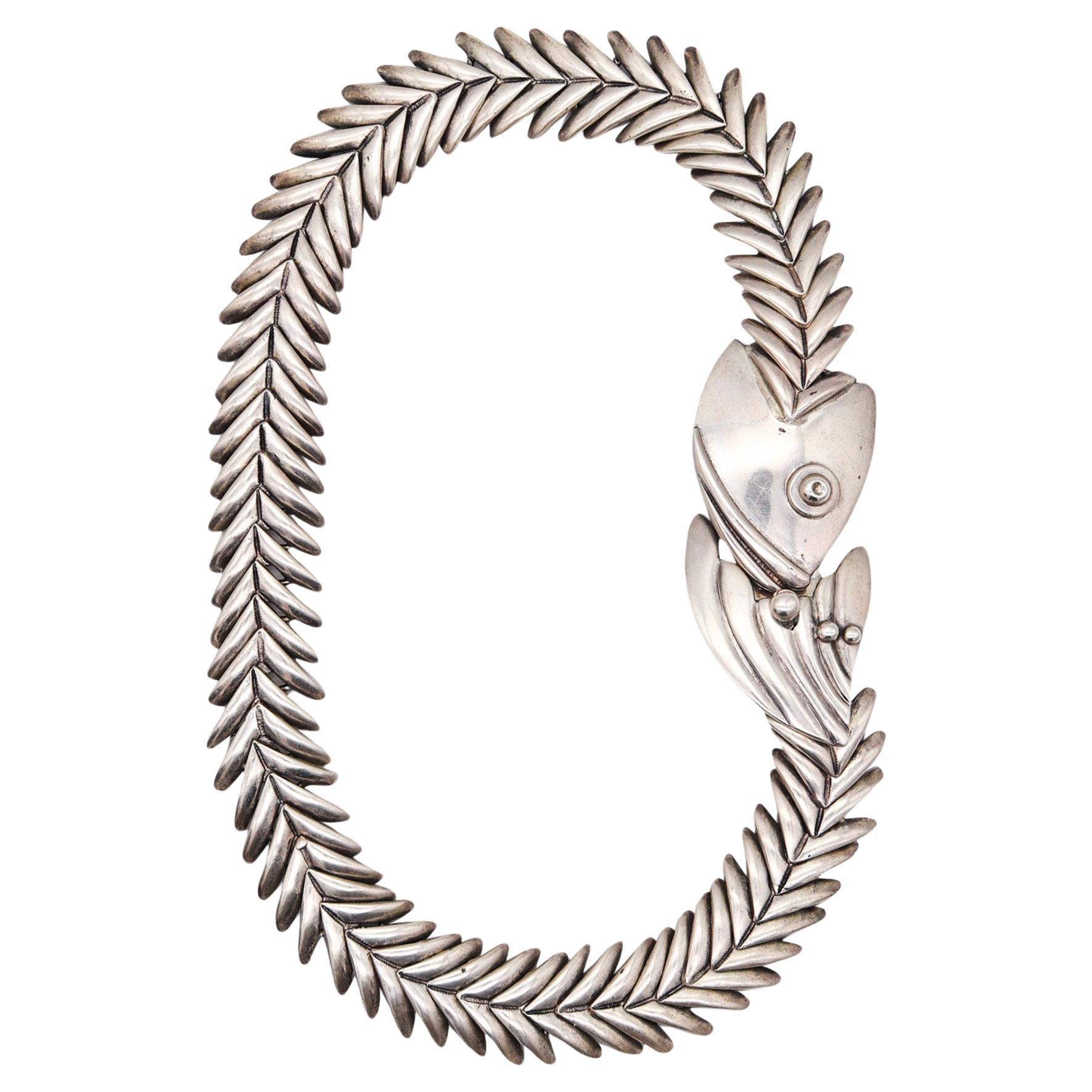 D-MOLINA 1970 Taxco Modernist Figurative Fish Necklace In .925 Sterling Silver