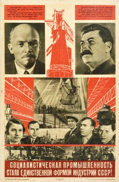 Originales Original-Vintage- Propaganda-Poster, sozialistische Industrie, UdSSR, Lenin Stalin, Fabrik