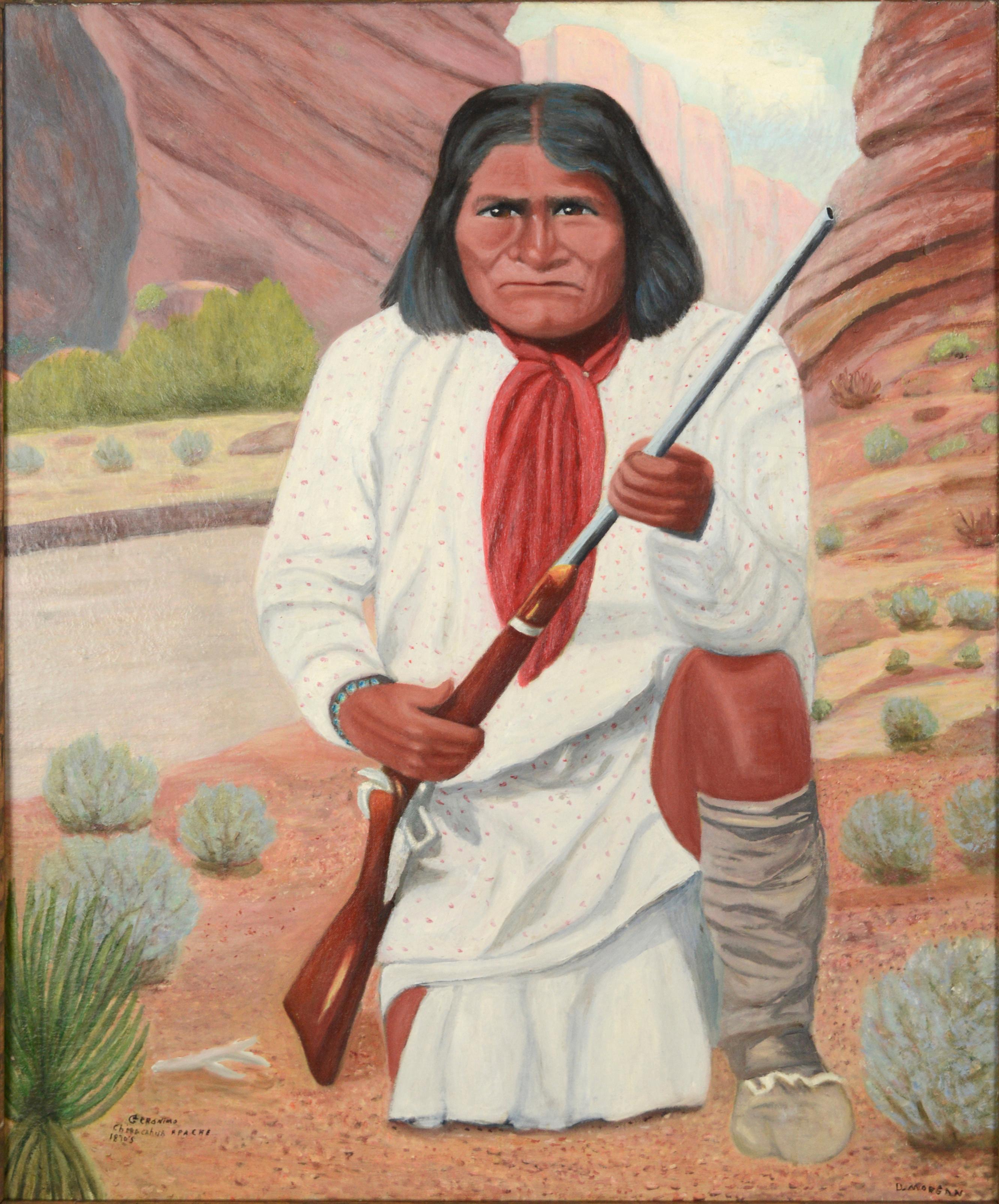 Amerikanischer Ureinwohner Geronimo 1870er Jahre Porträt gemalt um 1950er Jahre – Painting von D Morgan