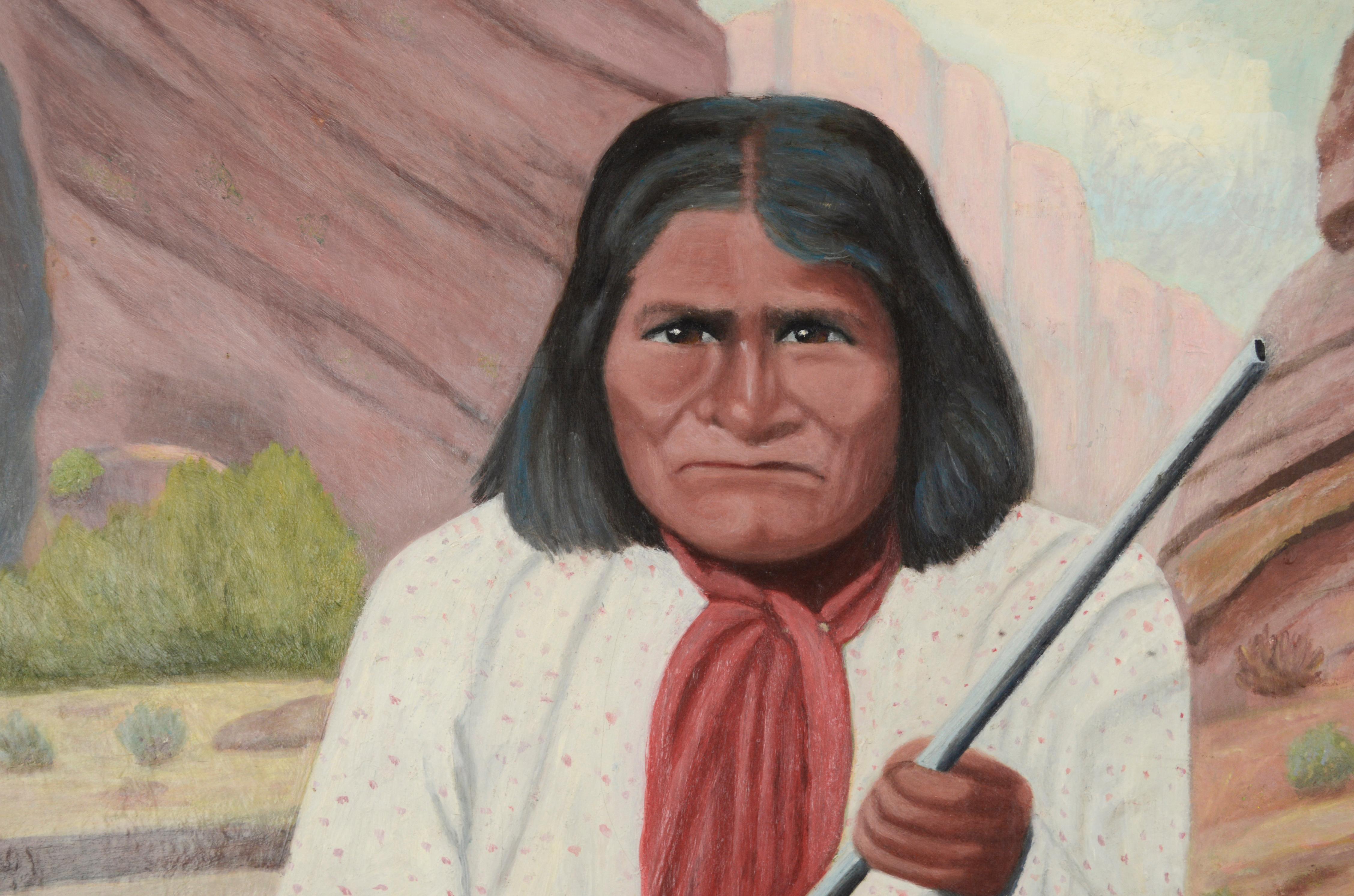 Indianer Geronimo 1870er Jahre Porträt gemalt ca. 1950er Jahre Öl auf Leinwand
Ausgezeichnetes und ausdrucksstarkes Porträt des Apachenhäuptlings Geronimo, wie er in den 1870er Jahren aussah, von D. Morgan, unbekannt (Amerikaner, 20.
