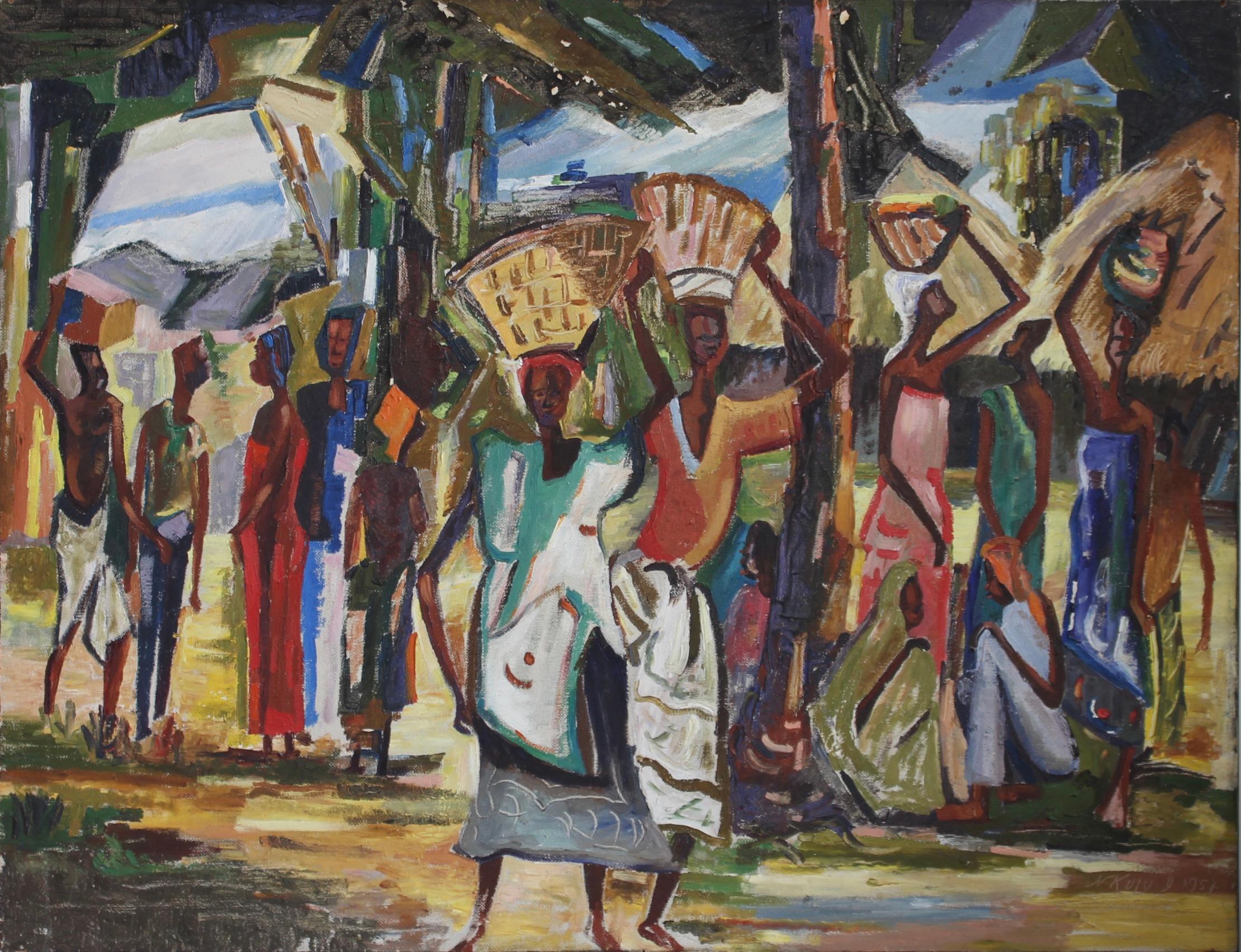 Le marché de Bamako, huile sur bois, par D. Nkuly (1957). Une description vivante de la vie quotidienne à Bamako, la capitale animée du Mali. L'artiste capture l'énergie et le rythme d'une place de marché locale, où les personnages se rassemblent