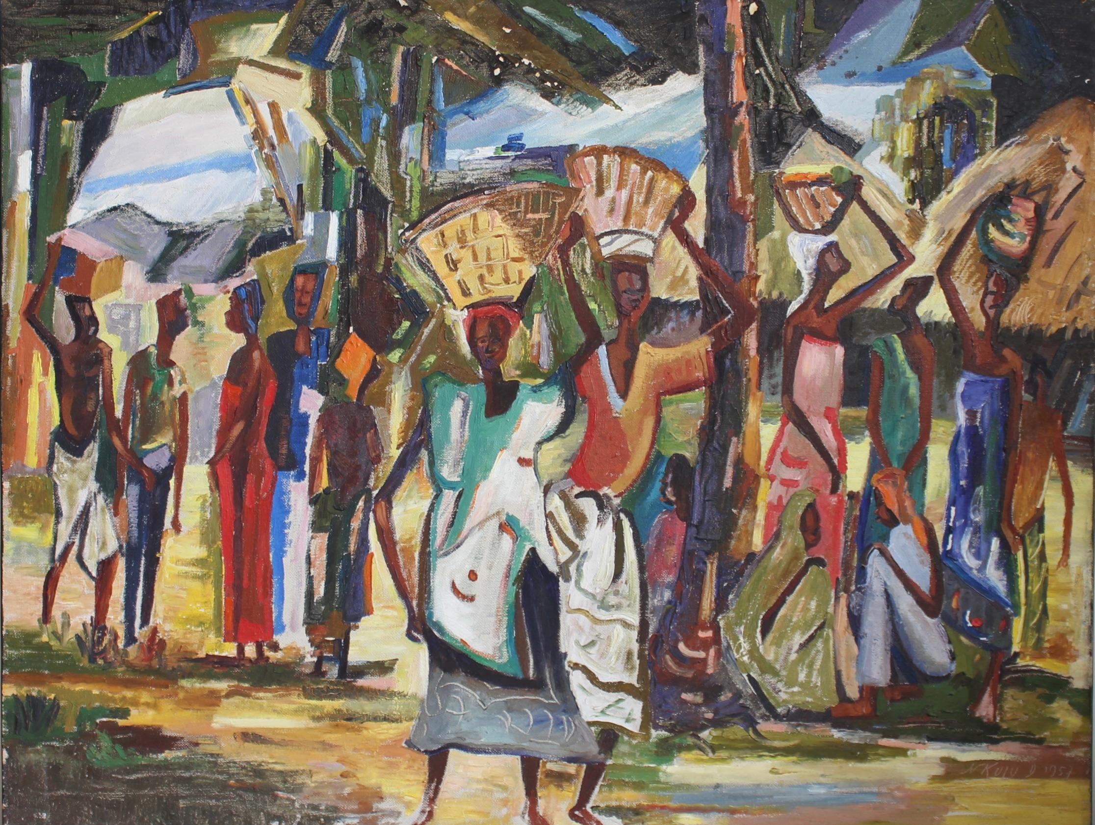 Marché animé de Bamako" par D. A. (1957) - Painting de D. Nkuly