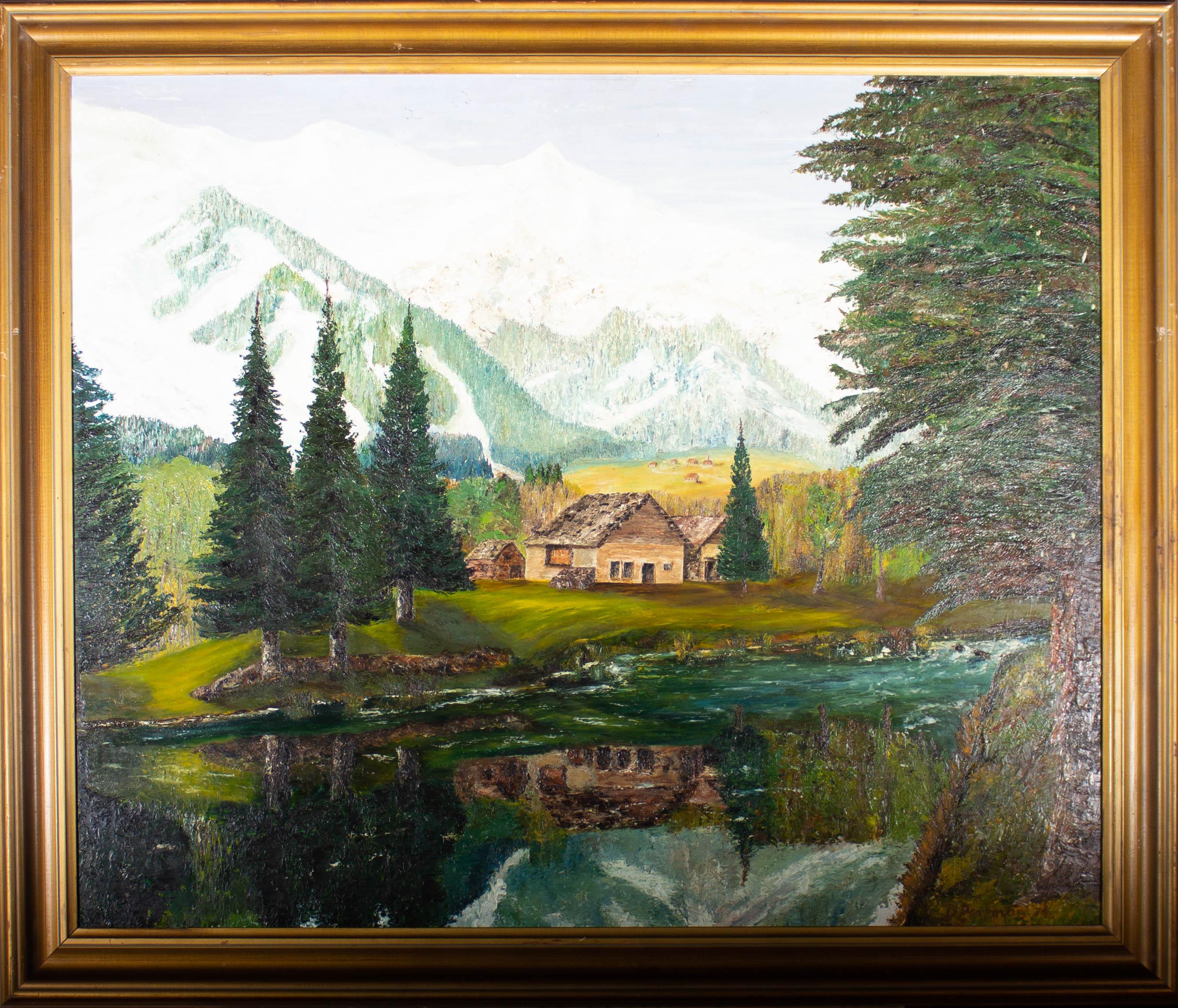 A painting with impasto depicting a farm nestled in a valley among mountains. Presented in a distressed gilt-effect wooden frame. Signed to the lower-right edge. On board.
