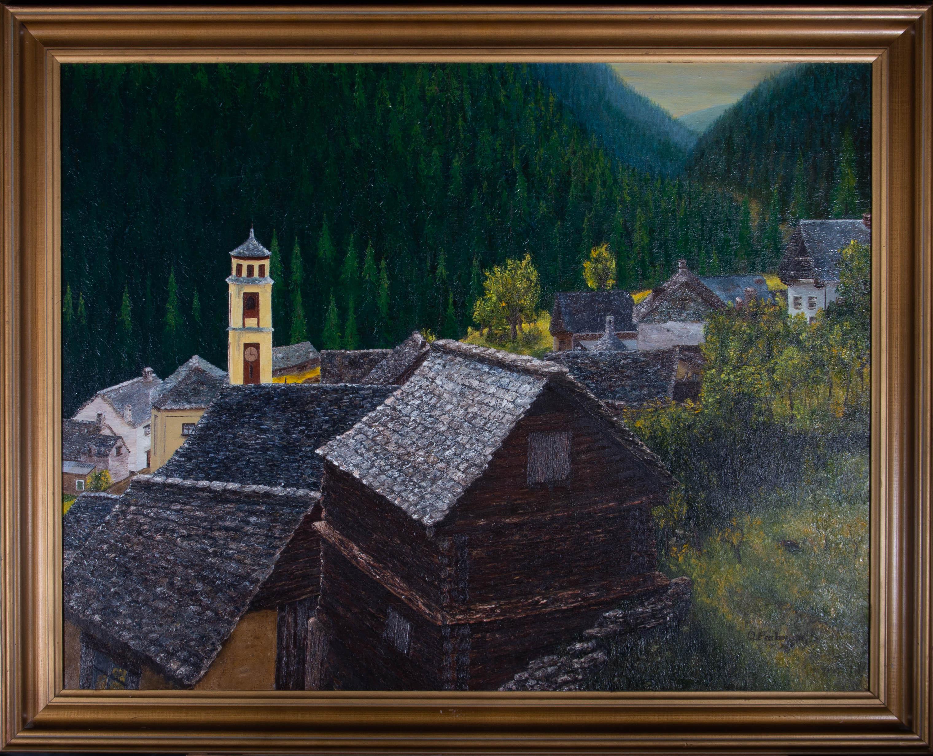 Un gran óleo con empaste que representa la vista a través de los tejados de un pueblo de montaña. Firmado y fechado en la esquina inferior derecha. Hay una etiqueta inscrita con el título en el reverso. Presentado en un marco de madera con efecto
