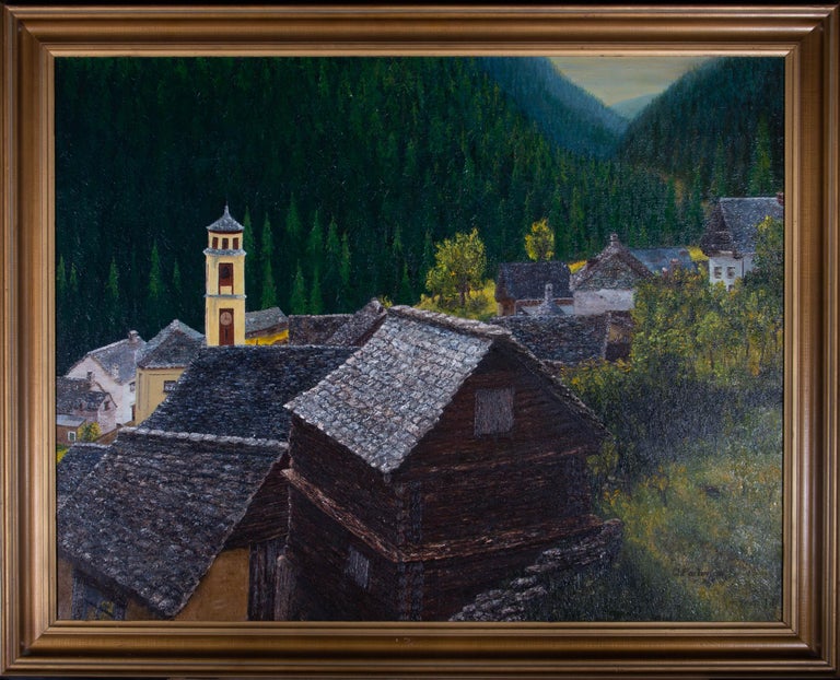 A large oil with impasto depicting the view across rooftops in a mountain village. Signed and dated to the lower-right corner. There is a label inscribed with the title on the verso. Presented in a gilt-effect wooden frame.