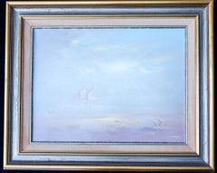"Western Landscape with Victorian House" Vintage Oil Painting in Light Blue