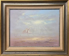 "Western Landscape with Victorian House" Vintage Oil Painting in Light Blue