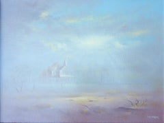 "Westliche Landschaft mit viktorianischem Haus" Vintage Ölgemälde in Hellblau