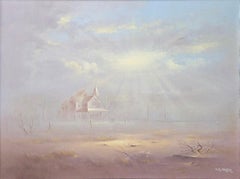 "Western Landscape with Victorian House" Vintage Oil Painting in Light Blue