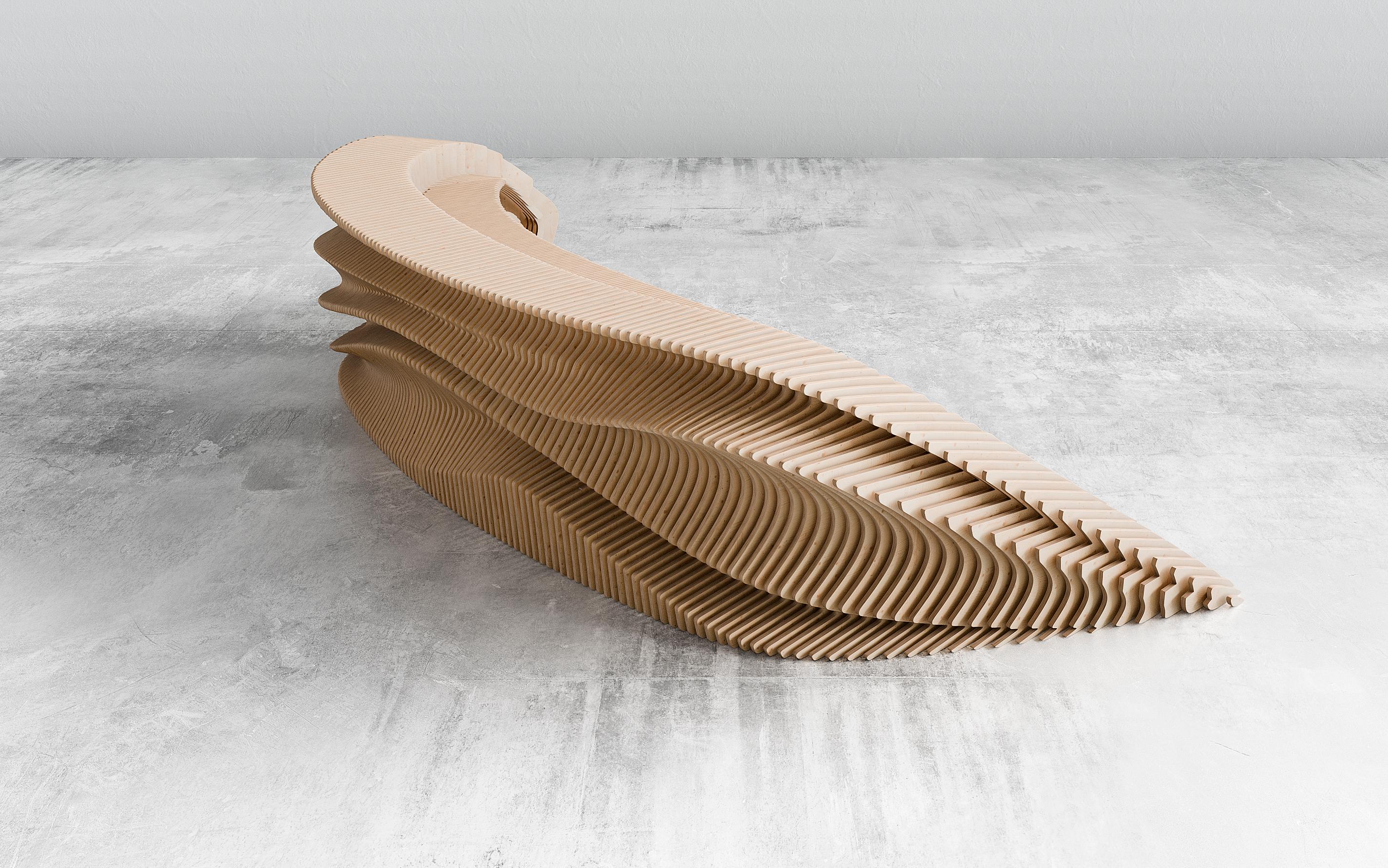 A striking blend of sculpture and function, this parametric reception desk features a fluid, dynamic form crafted
from 18mm plywood and reinforced with metal rods. Designed to be a statement piece, it transforms any
reception area into a modern,