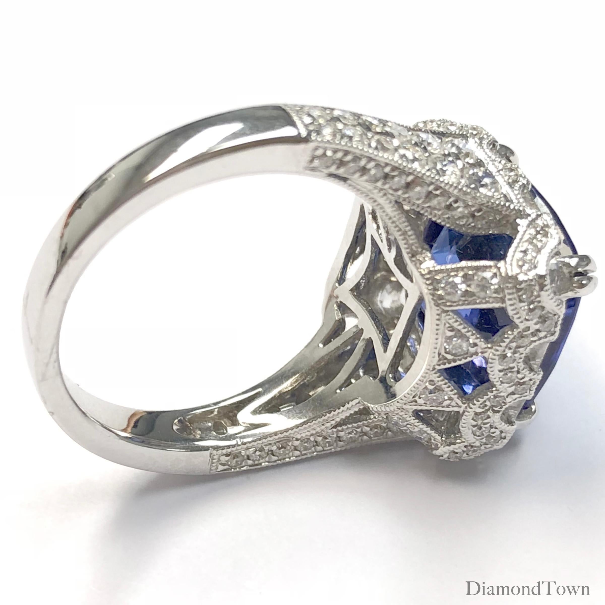 DiamondTown 6.99 Carat Cushion Cut Tanzanite and Diamond Halo Ring In New Condition In New York, NY