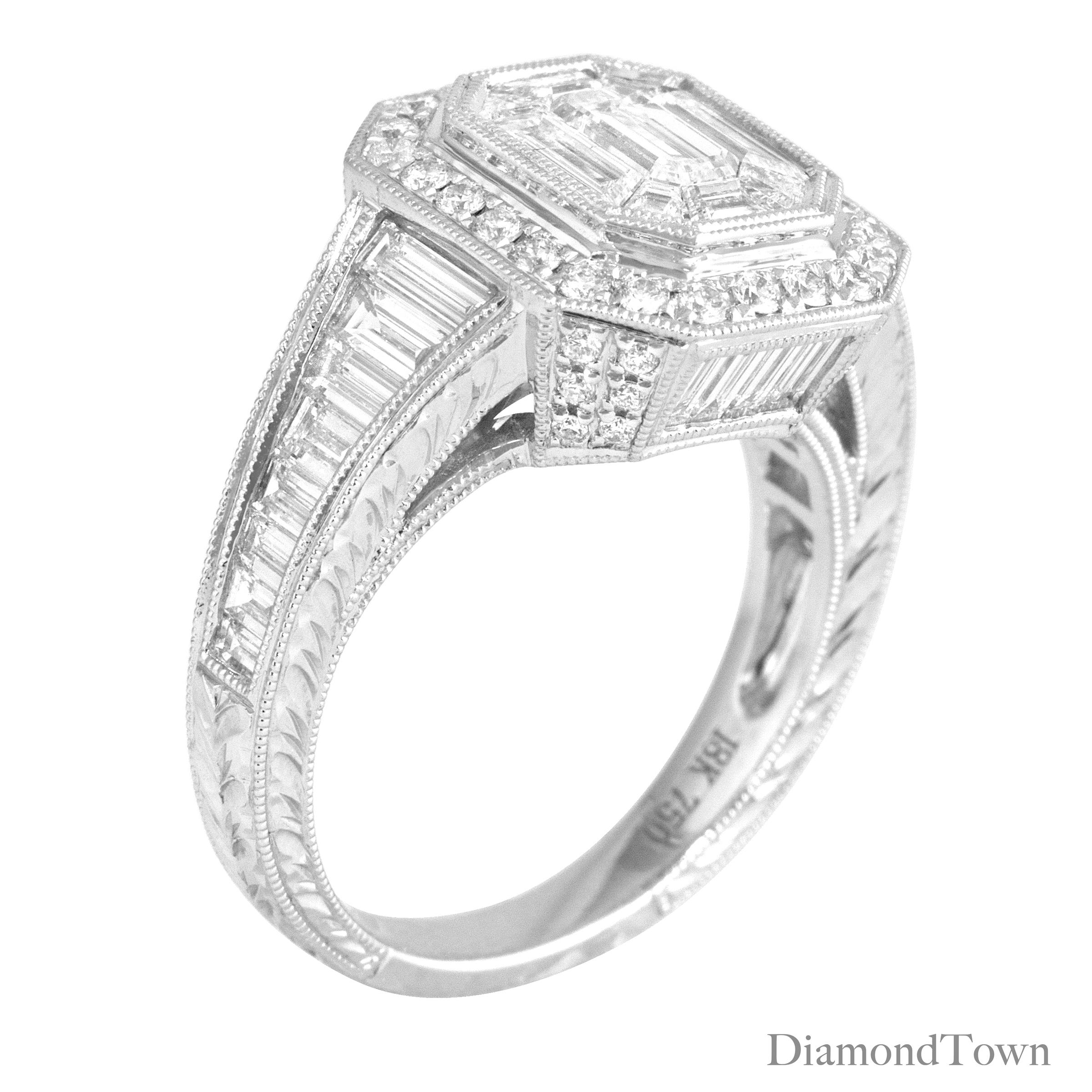 (DiamondTown) This gorgeous ring has 0.83 carats baguette and round diamonds at its center, carefully placed to give the illusion of a single center stone, and surrounded by a halo of round white diamonds. Additional diamonds decorate the side shank