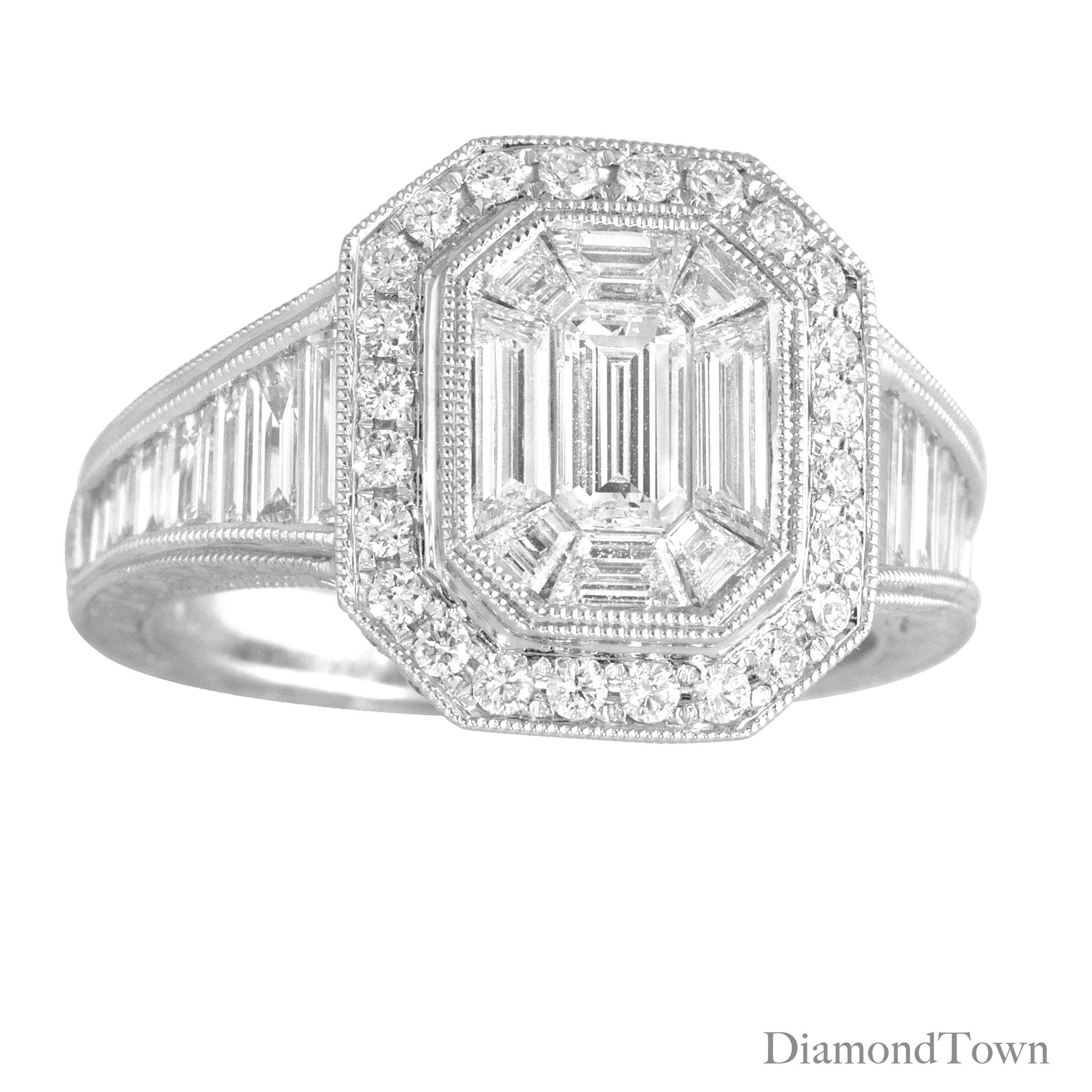 DiamondTown 2.31 Carat Baguette and Round Cluster Diamond Ring in 18k White Gold (Zeitgenössisch)