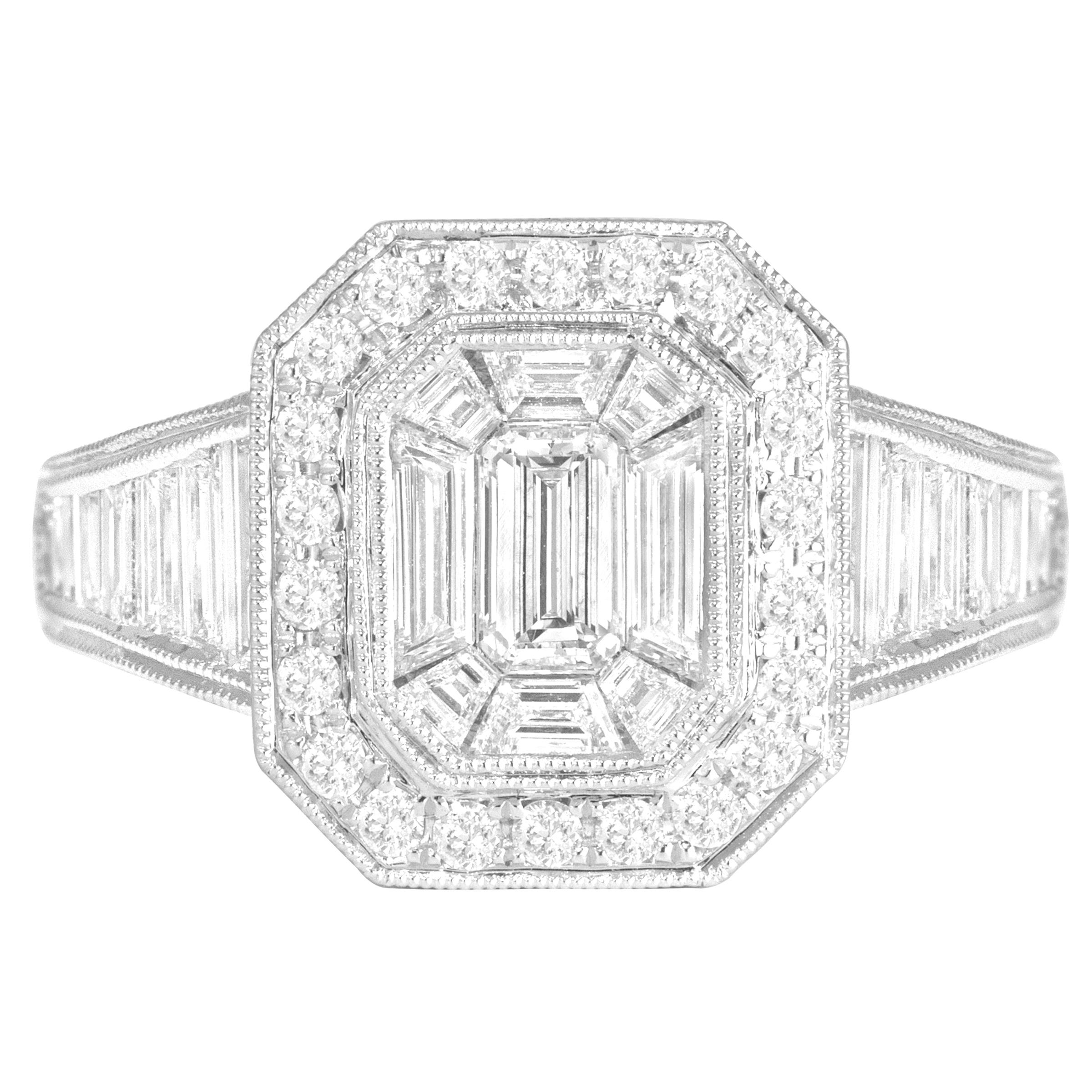 DiamondTown 2.31 Carat Baguette and Round Cluster Diamond Ring in 18k White Gold