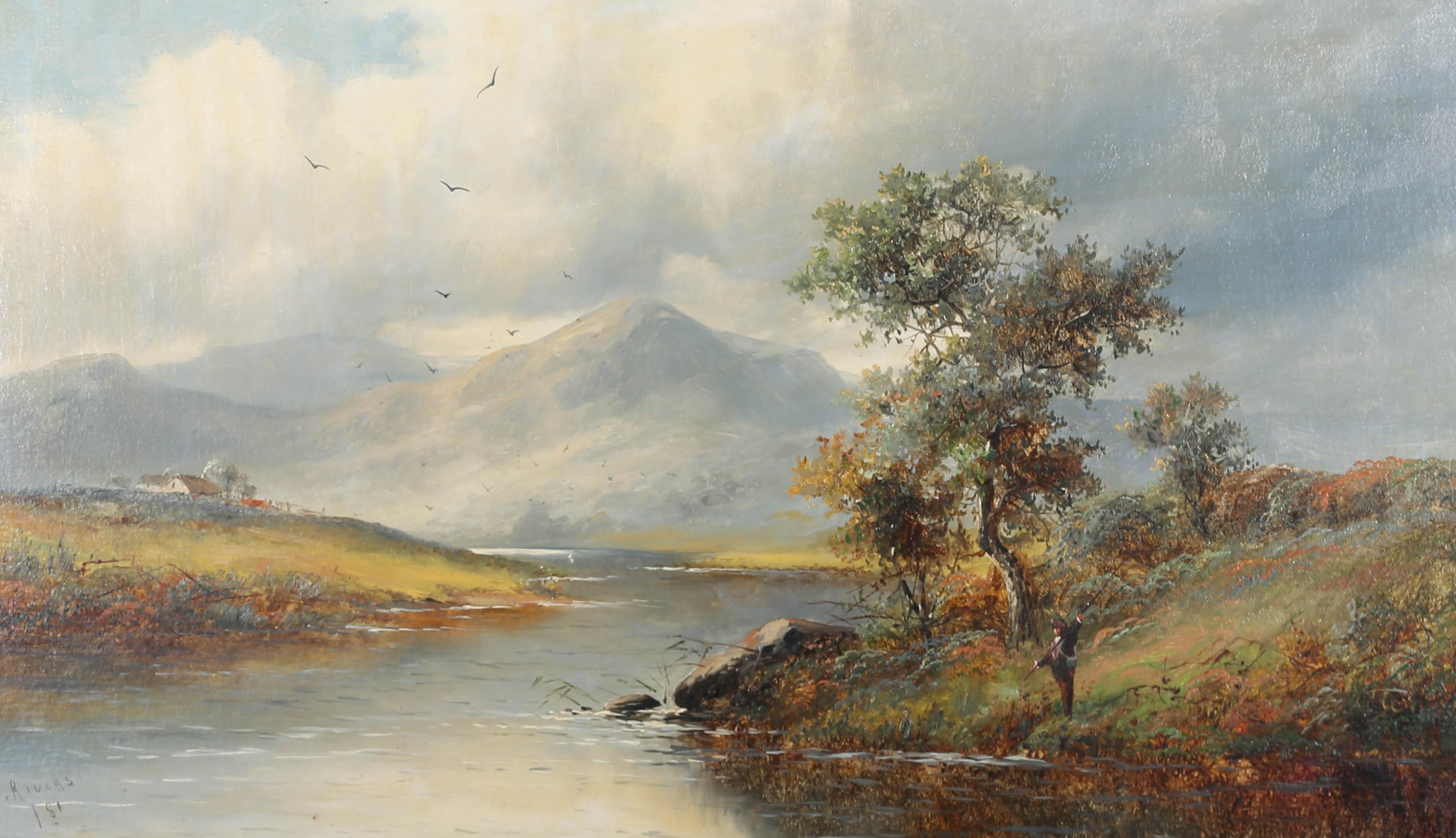 A fine 19th Century landscape showing a figure fishing on the bank of an idyllic meandering river that winds its way towards an imposing mountain range in the distance. The painting has been fully re-lined and the artist has signed and dated to the