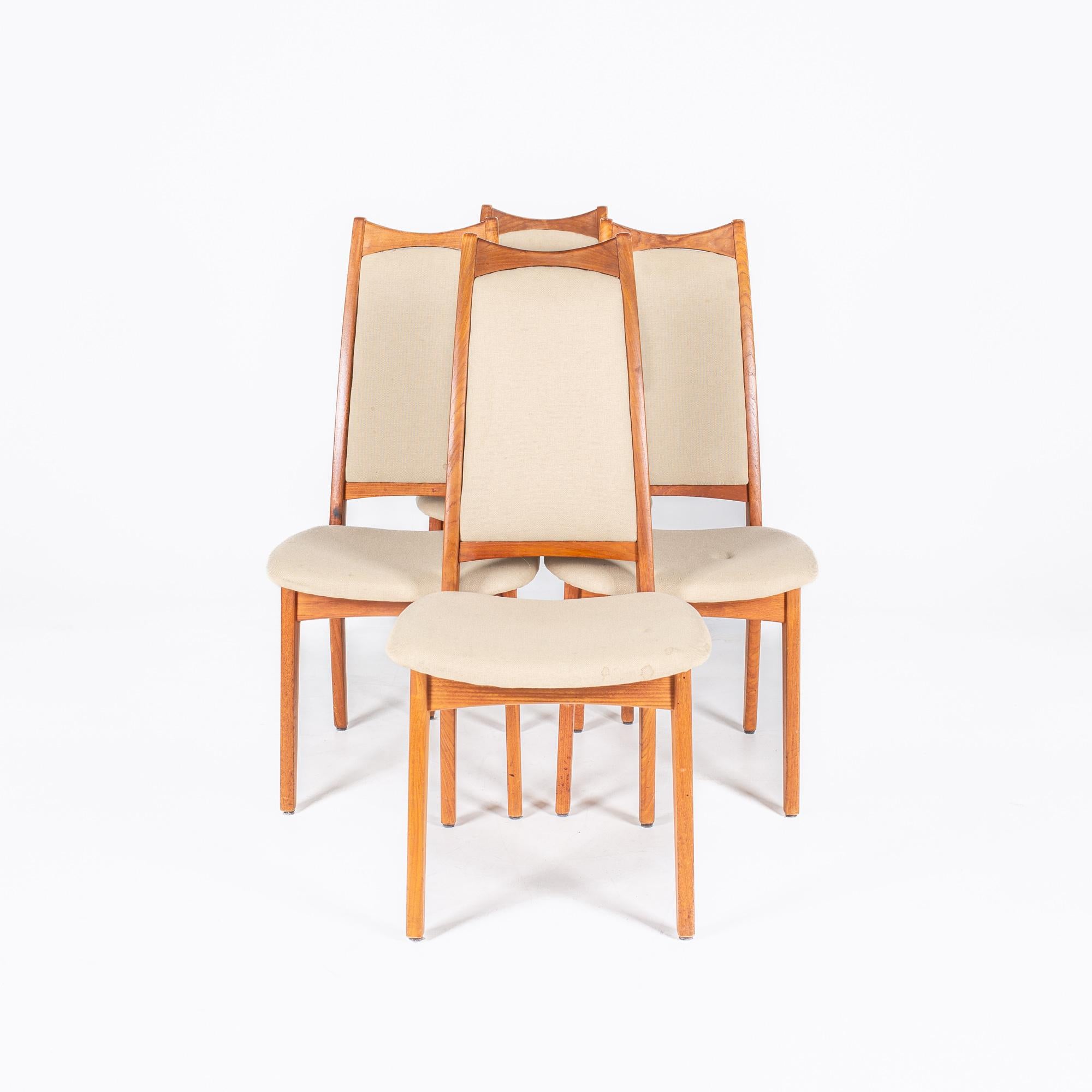 D Scan Style Mid Century High Back Teak Dining Chairs - Set of 4 

Each chair measures: 19 wide x 21.5 deep x 39.5 inches high

All pieces of furniture can be had in what we call restored vintage condition. That means the piece is restored upon