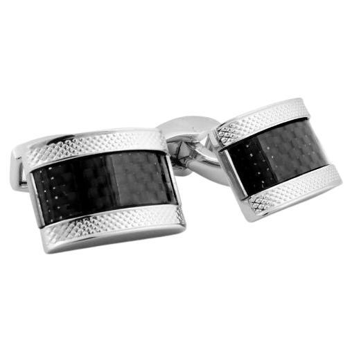 D Shape Cufflinks with Black Carbon Fibre in Stainless Steel For Sale