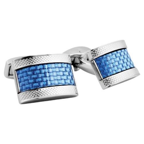 D Shape Cufflinks with Blue Alutex in Stainless Steel For Sale