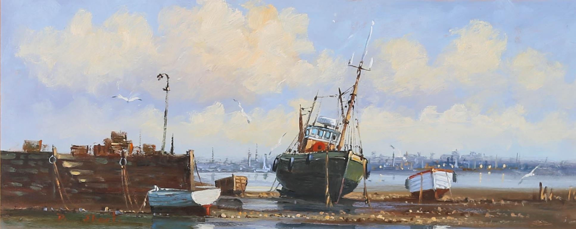 D. Short - Signed Mid 20th Century Oil, Boats at Sunrise For Sale 3