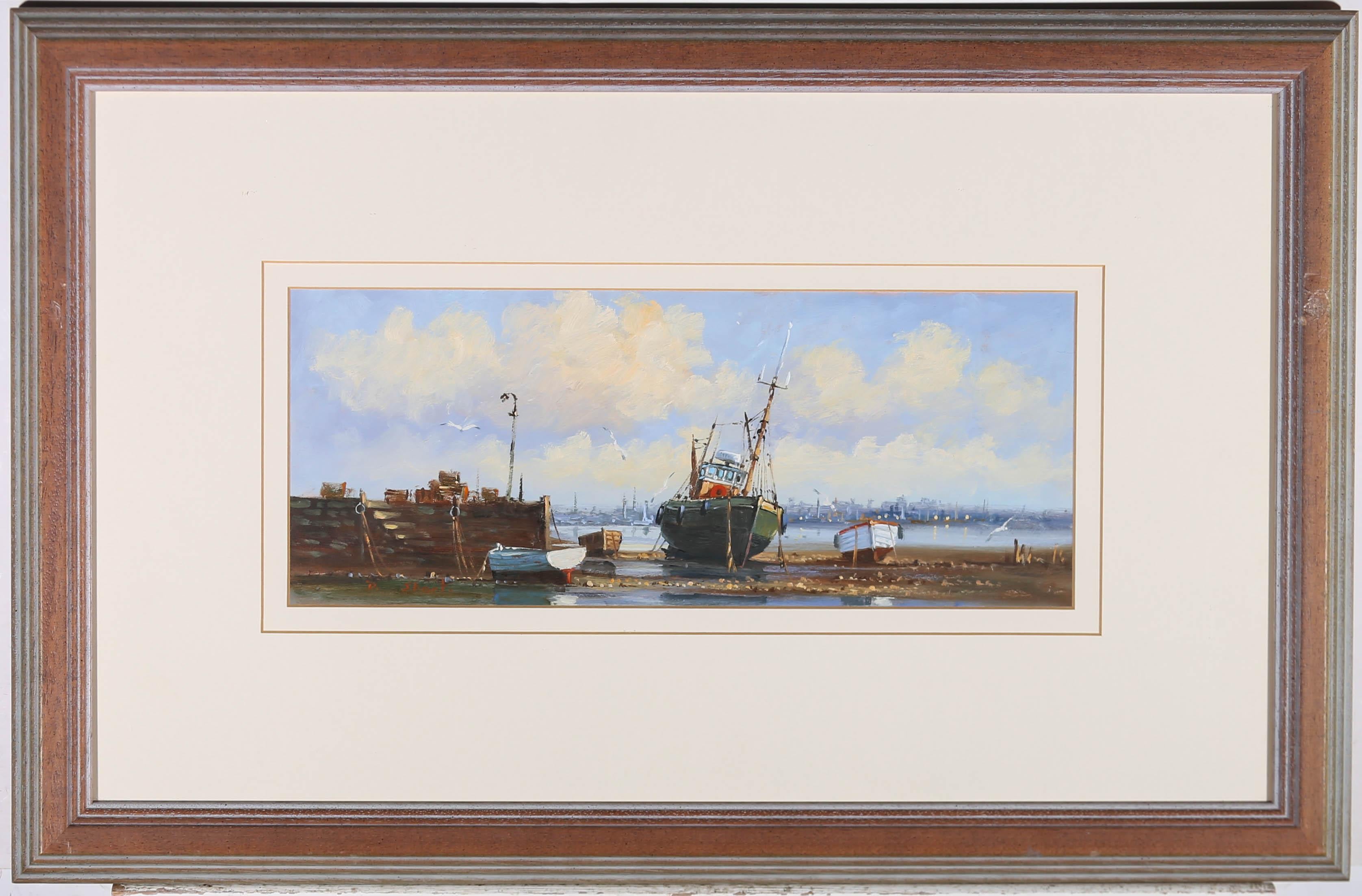 A delightful oil study of various boats docked at sunrise. We can see the tide is coming in and the seagulls have flown away from the lines. Signed to the lower left and well presented in a double card mount and modern frame. On wove.