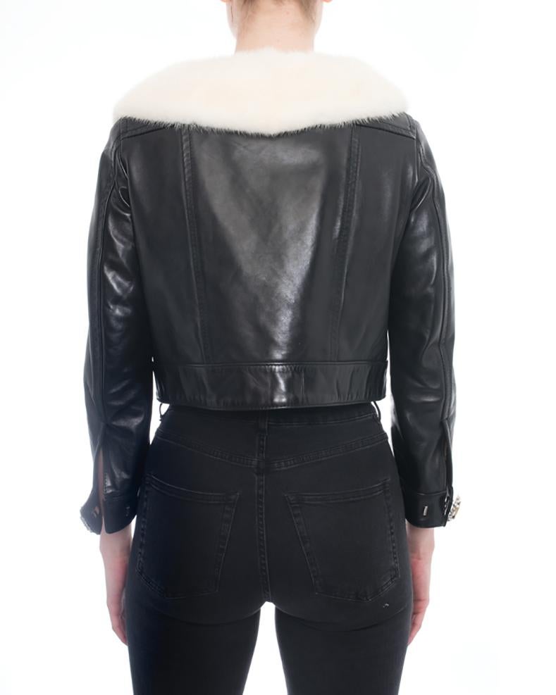 D Squared Black Leather Jewelled Button Crop Jacket with Mink Collar - 2 1