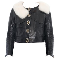 D Squared Black Leather Jewelled Button Crop Jacket with Mink Collar - 2