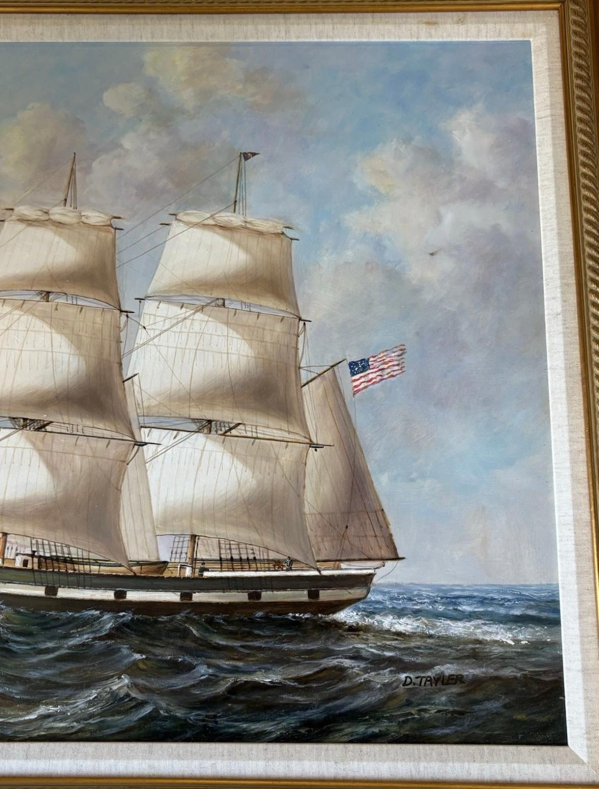 D. Tayler original oil painting on canvas “boat with American flag”. 43x31 in good condition