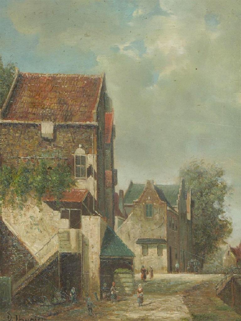 D. Thomas - Olio contemporaneo, Scena di strada olandese, Pomeriggio nuvoloso 2