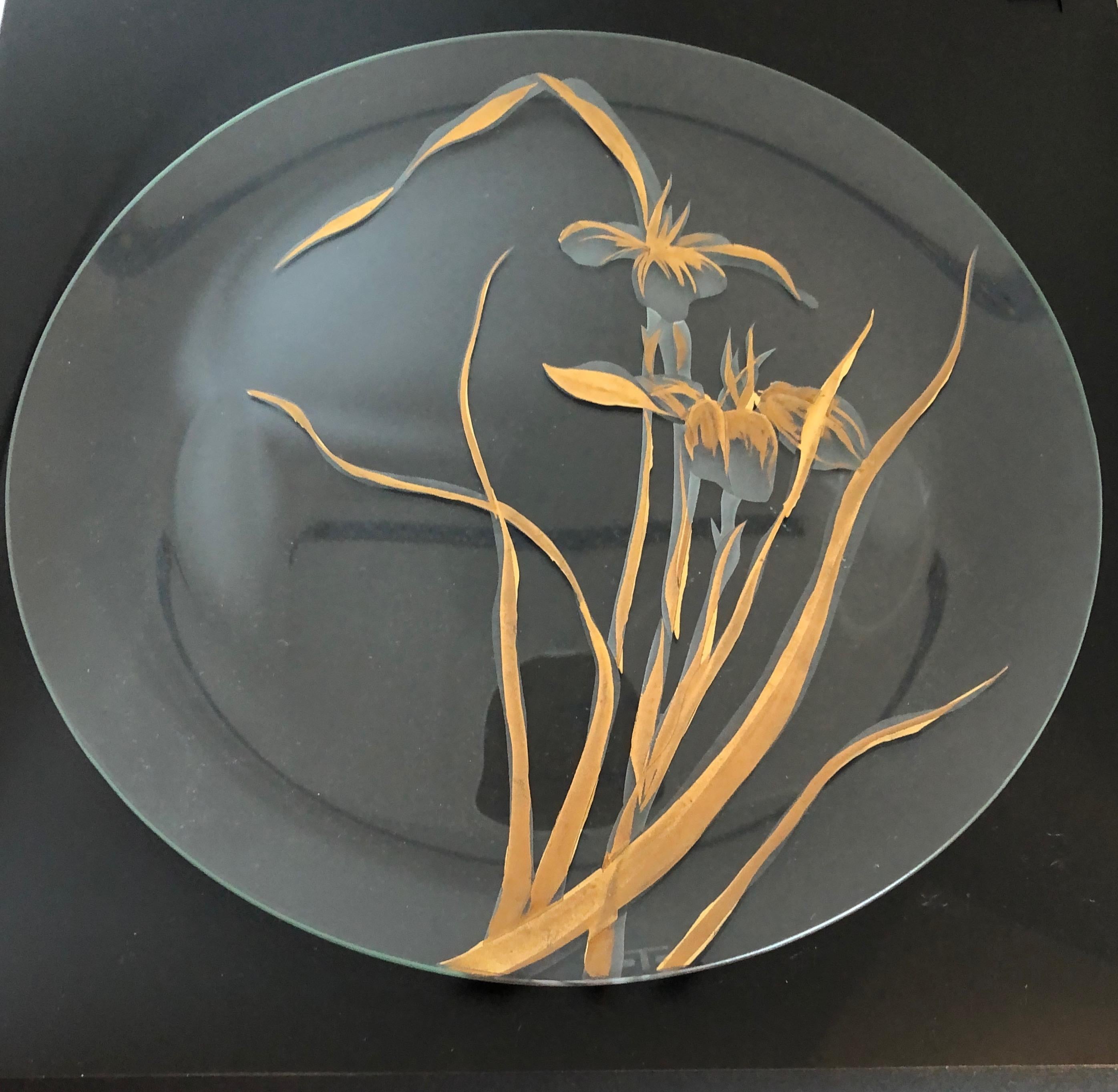 Floral Thorpe Hand Painted Copper, Gold and Frosted White Glass Plate / Charger For Sale 11