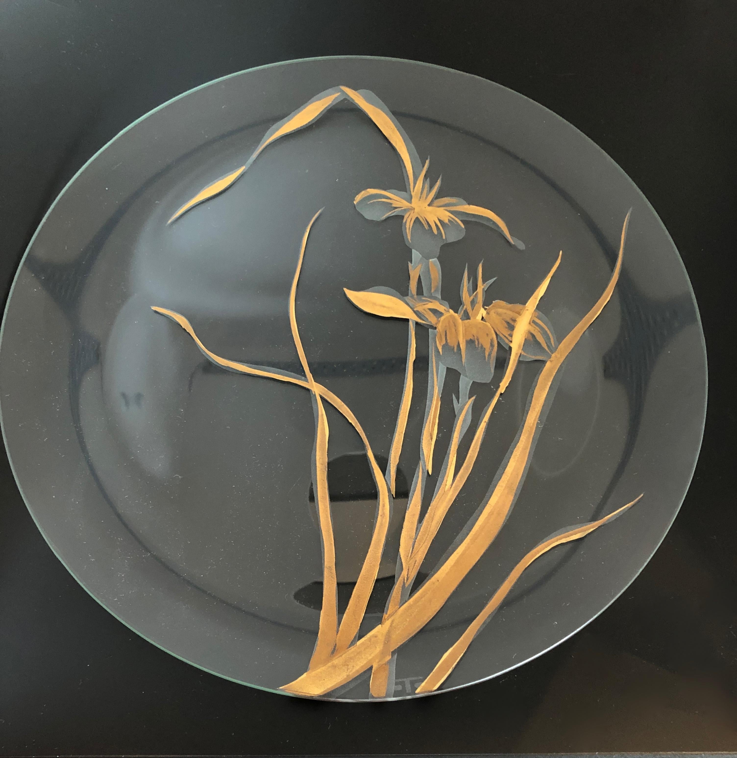 Floral Thorpe Hand Painted Copper, Gold and Frosted White Glass Plate / Charger en vente 11