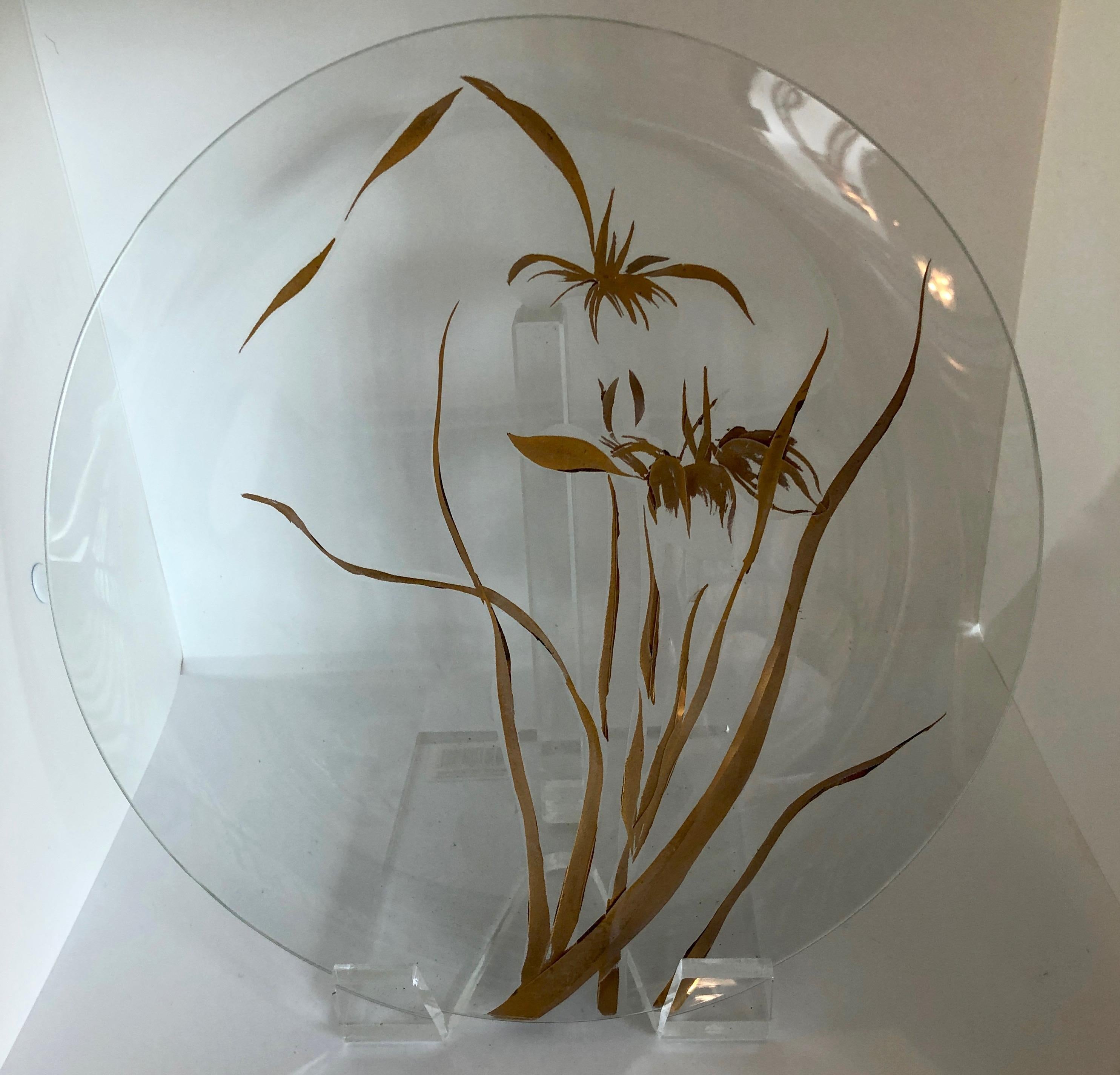 Gilt Floral Thorpe Hand Painted Copper, Gold and Frosted White Glass Plate / Charger For Sale