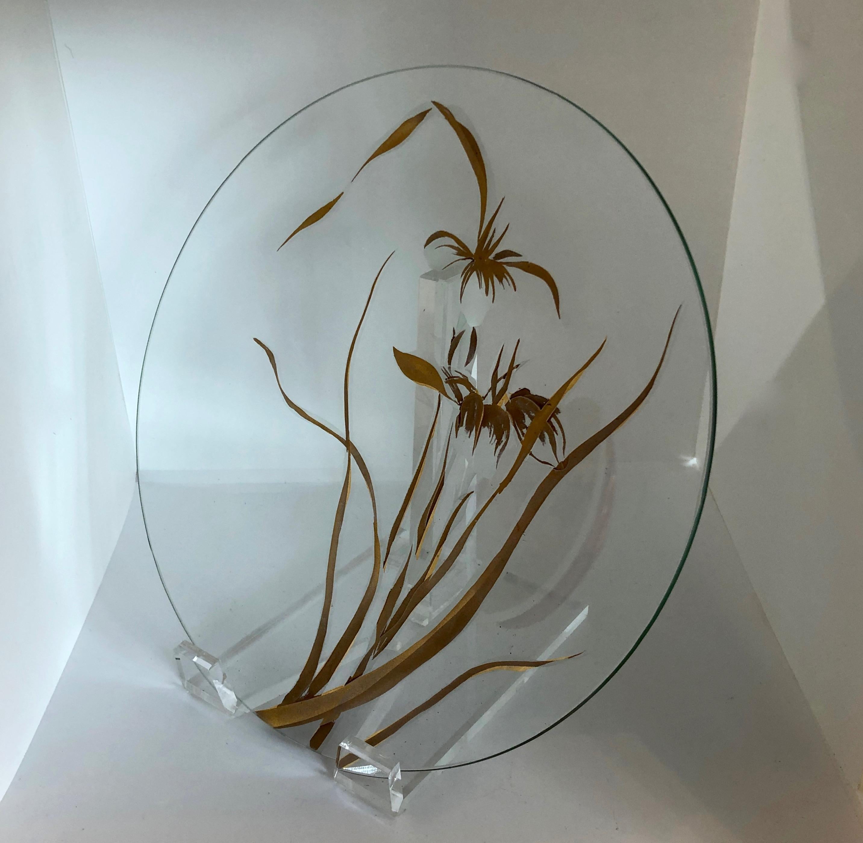 Floral Thorpe Hand Painted Copper, Gold and Frosted White Glass Plate / Charger In Good Condition For Sale In Houston, TX